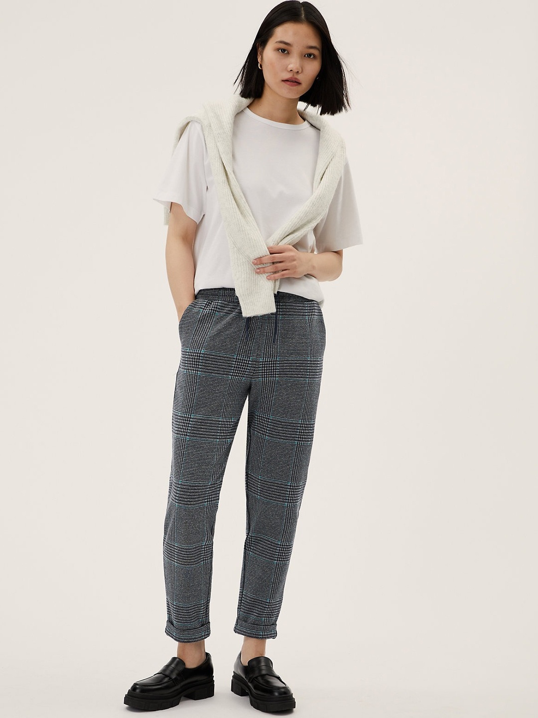

Marks & Spencer Women Checked High-Rise Pleated Trousers, Grey