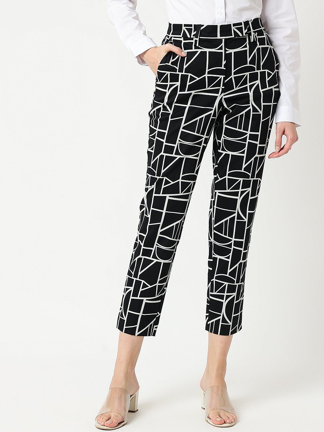 

Marks & Spencer Women Printed Cotton High-Rise Trousers, Black