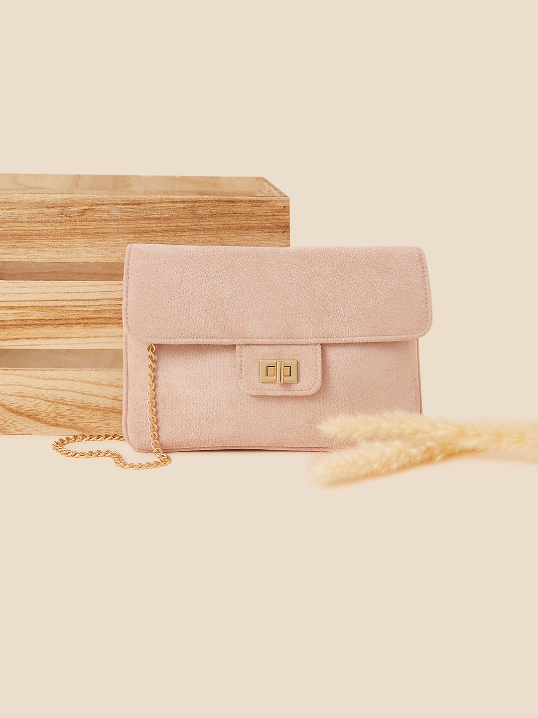 

Accessorize London Women Faux Leather Peach Suedette Flat Fold Clutch, Nude
