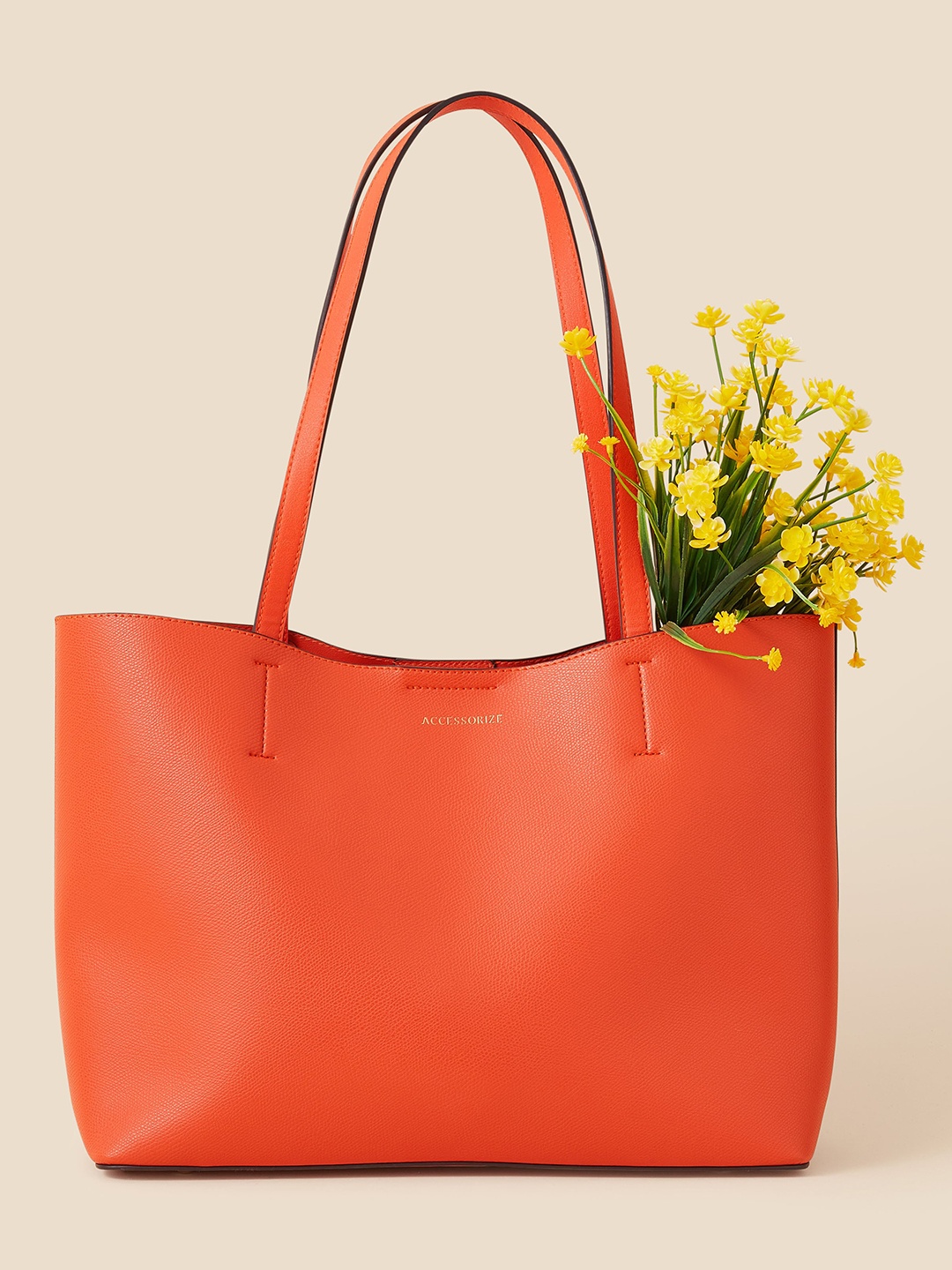 Accessorize London Women Faux Leather Orange Classic Leo Tote Bag