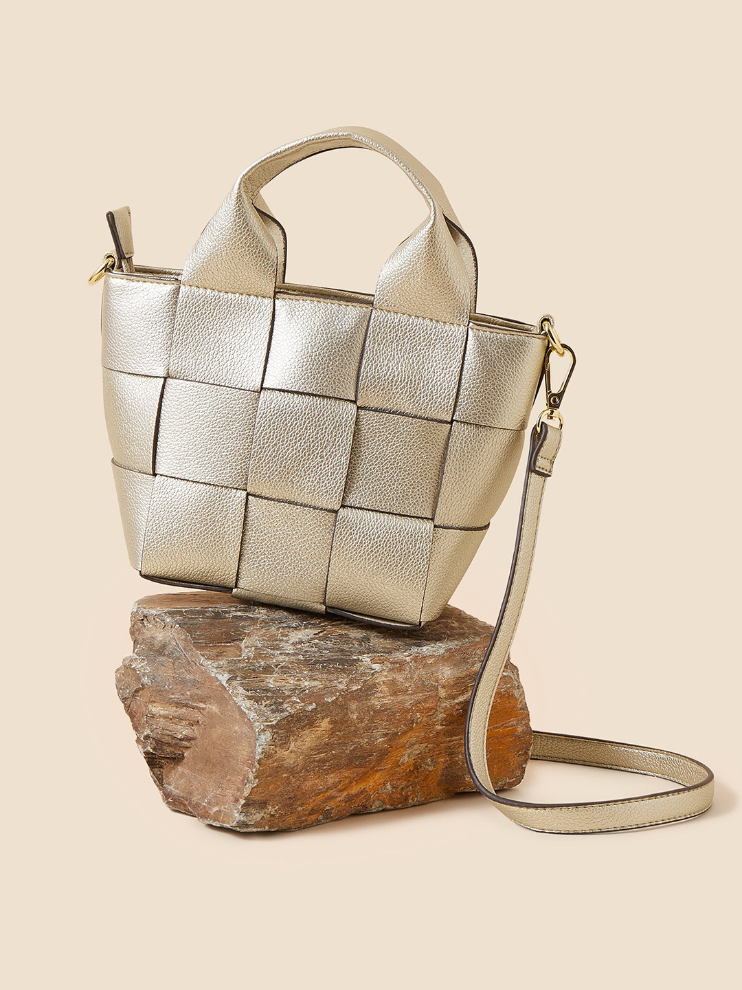 

Accessorize London Women's Faux Leather Gold Weave Handheld Bag