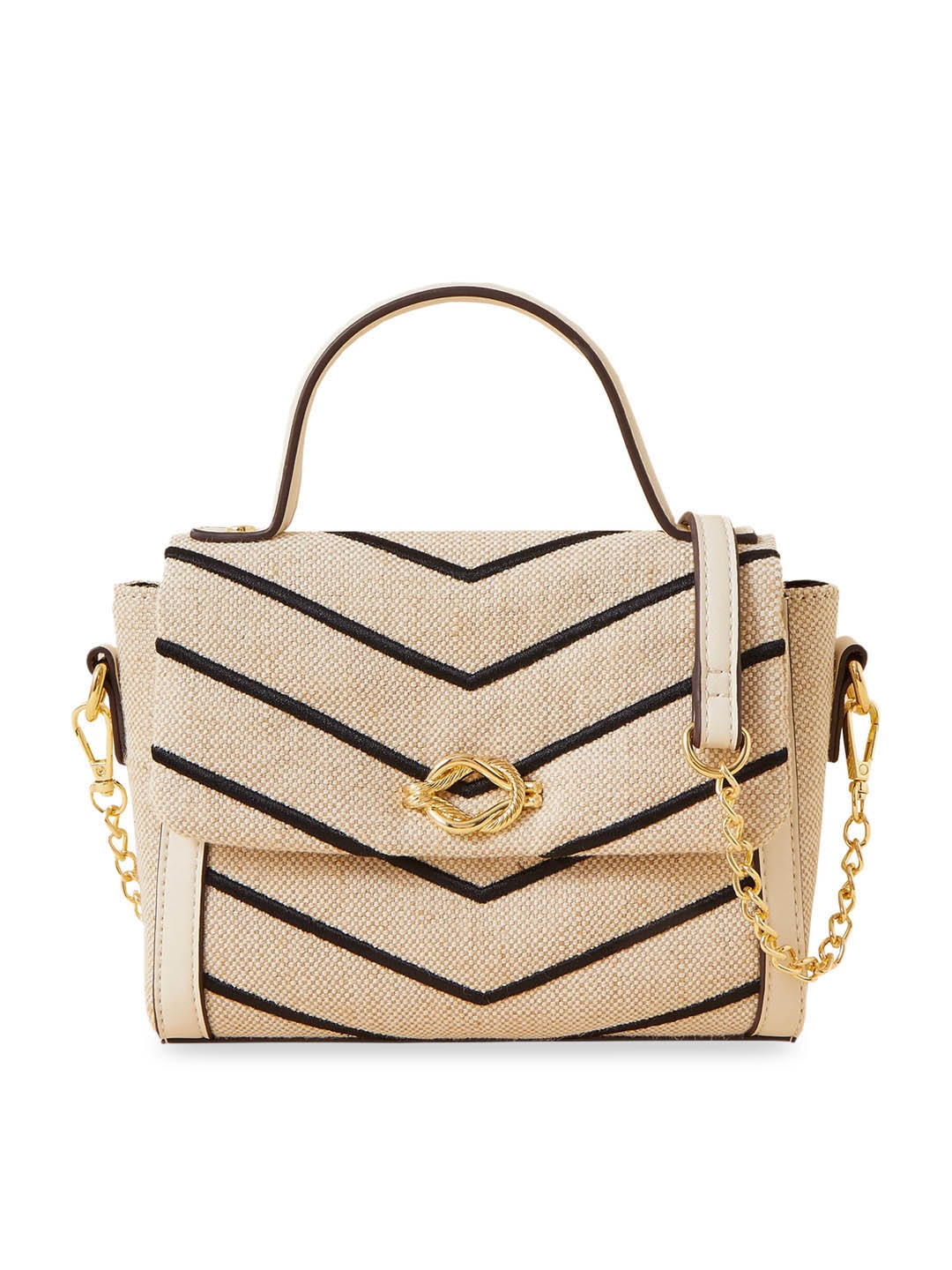 

Accessorize London Women's Faux Leather Chevron Linen Handheld Satchel Bag, Cream