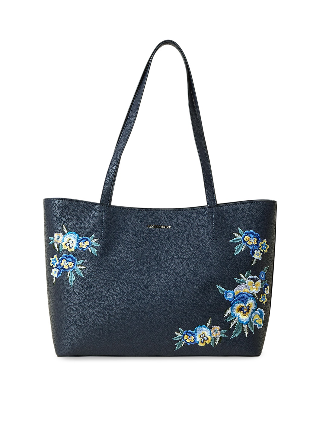 

Accessorize London Women Faux Leather Floral Embroidered Tote Bag, Navy blue