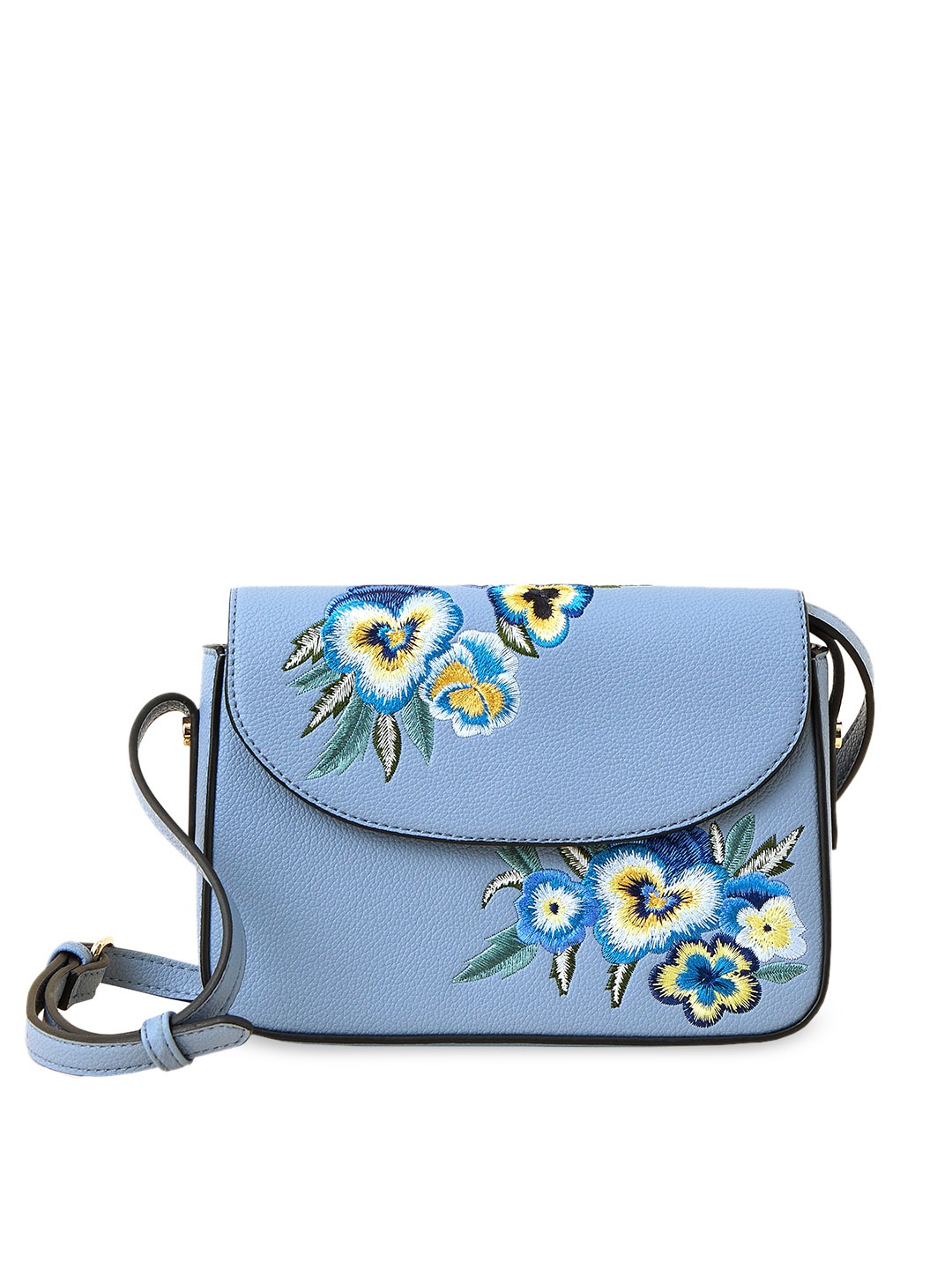 

Accessorize London Women Faux Leather Embroidered Flap Sling Bag, Blue