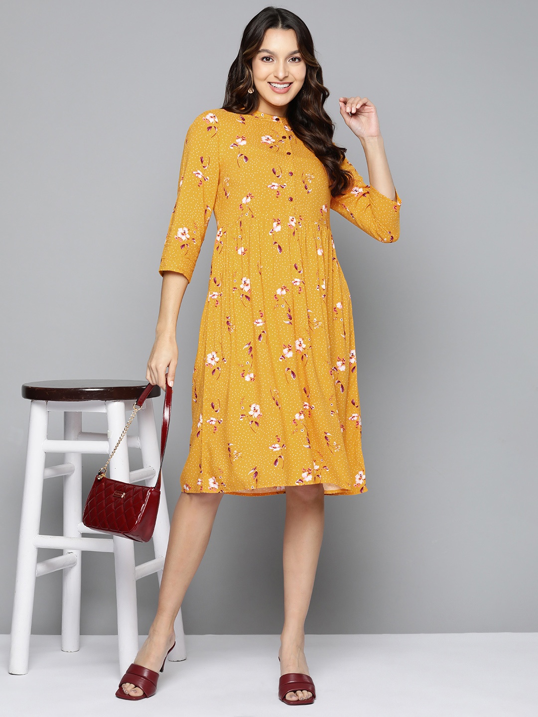 

HERE&NOW Yellow Floral A-Line Dress