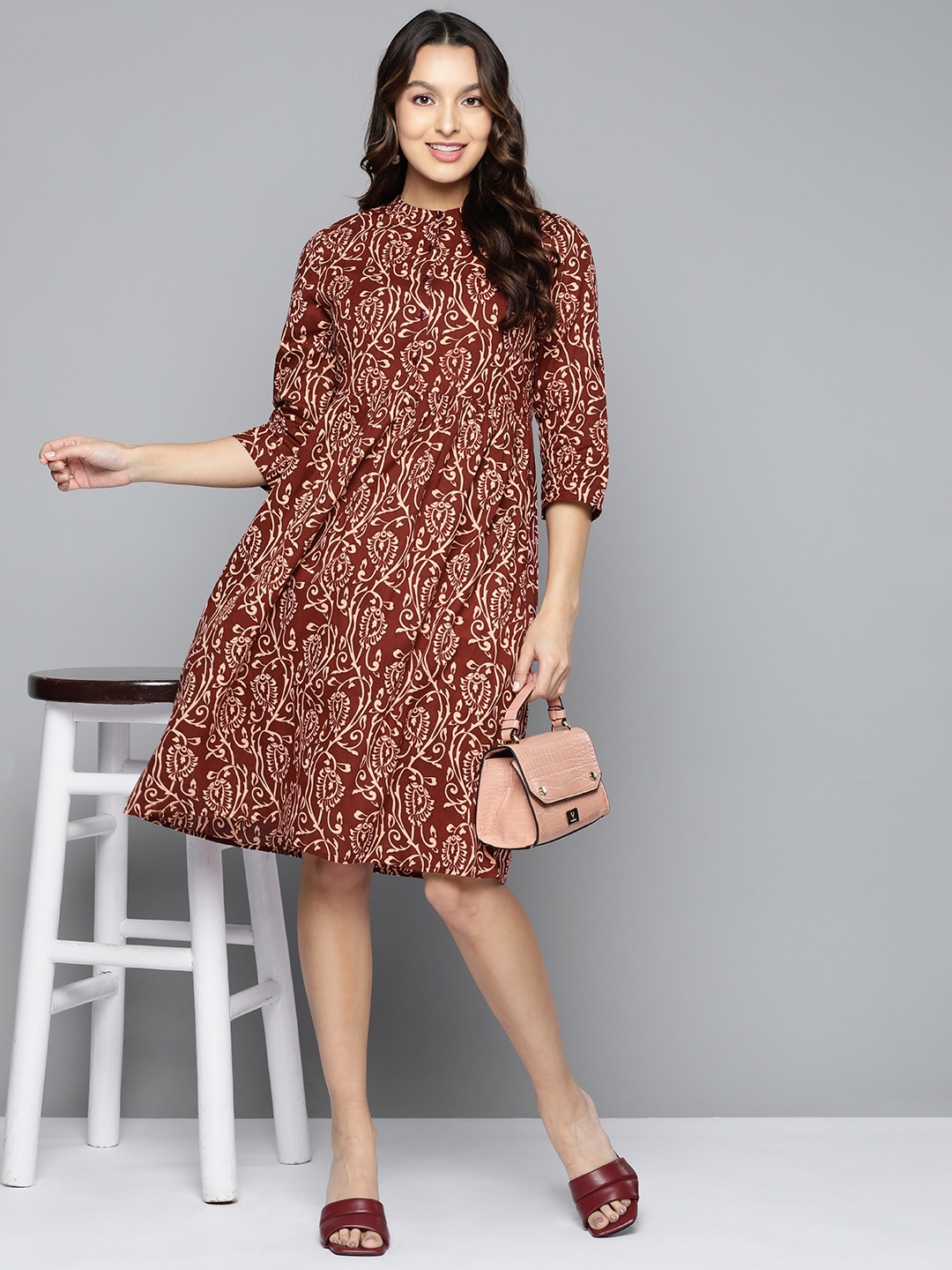 

HERE&NOW Maroon Floral Ethnic A-Line Dress