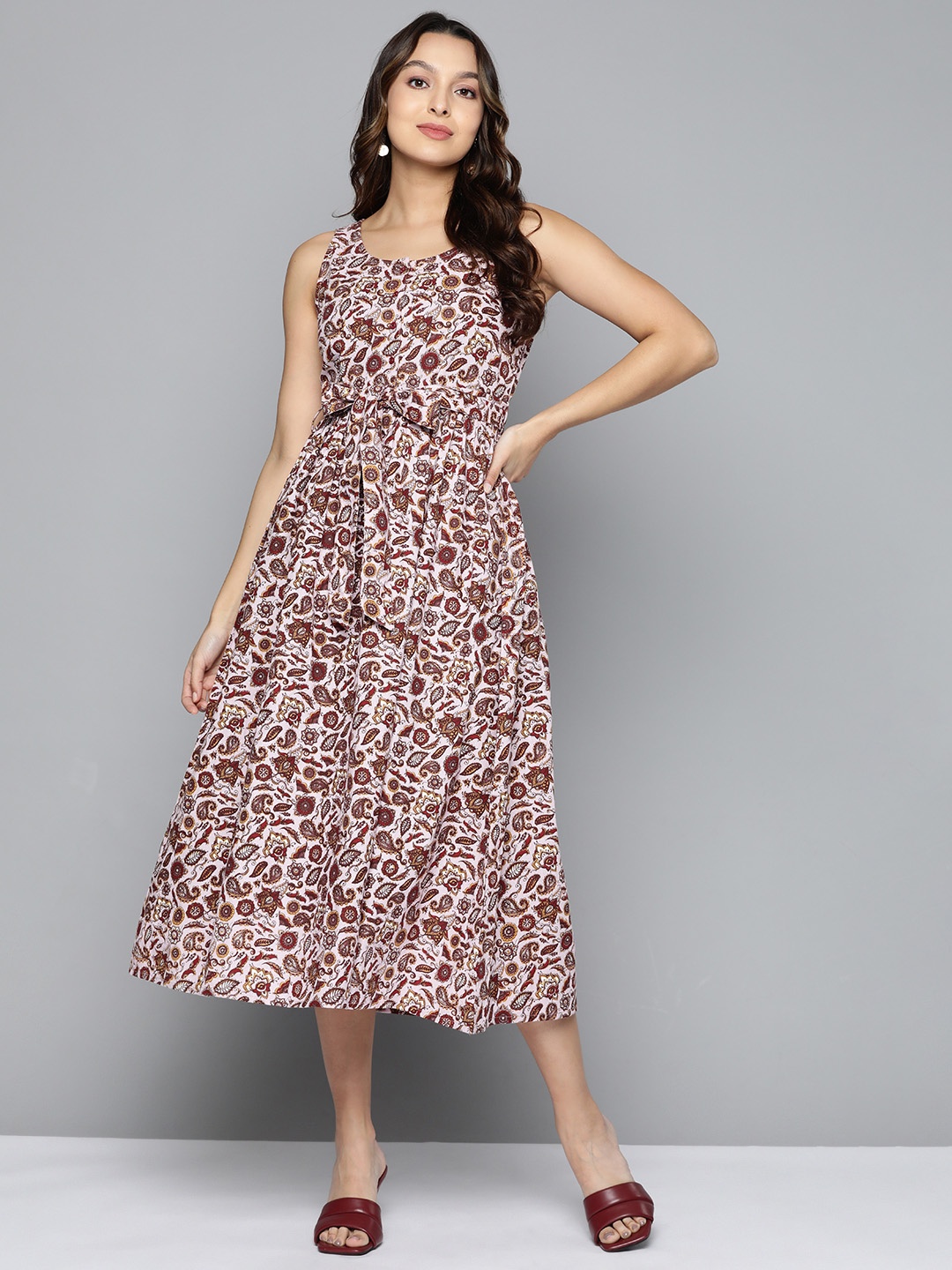 

HERE&NOW White & Brown Floral A-Line Midi Dress