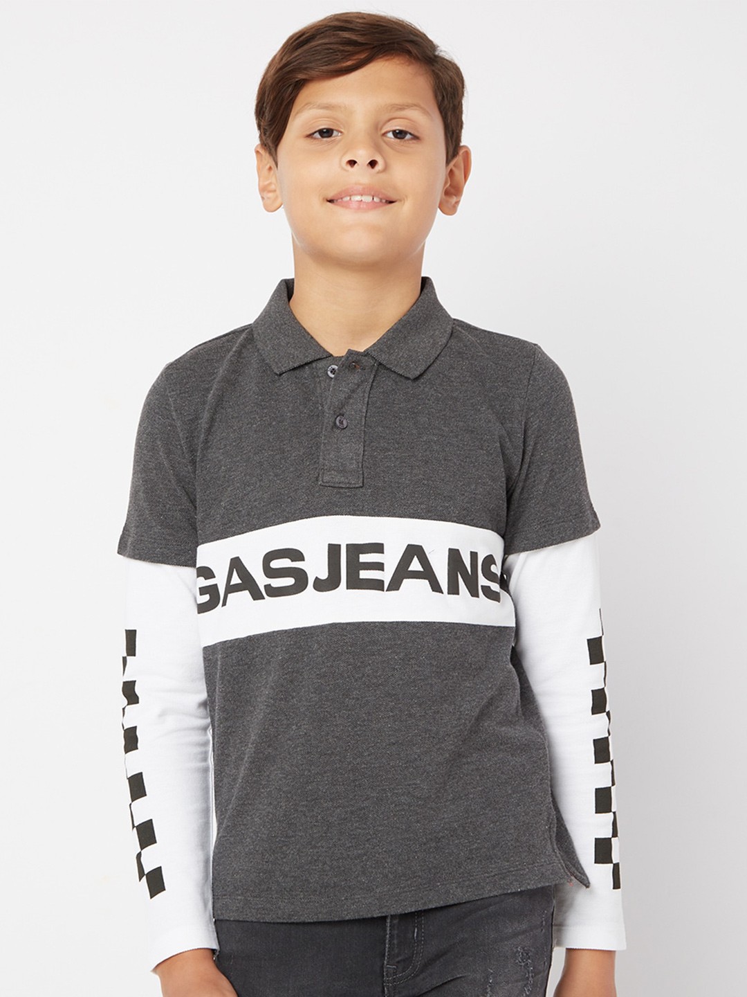 

GAS Boys Grey & White Colourblocked Polo Collar T-shirt