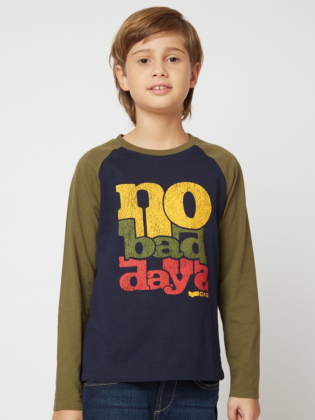 

GAS Boys Blue & Olive Green Typography Printed T-shirt