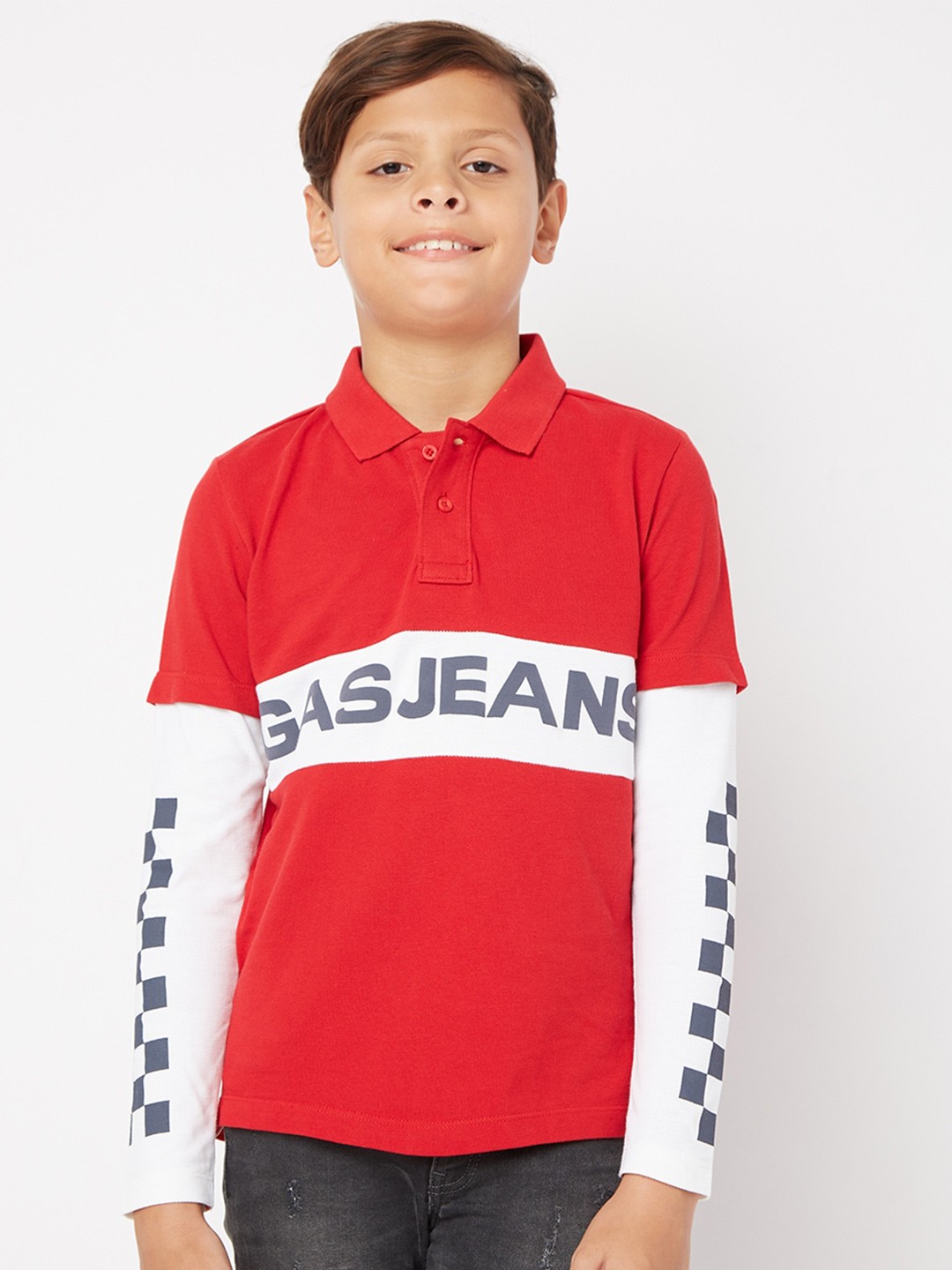 

GAS Boys Red & White Colourblocked Polo Collar T-shirt