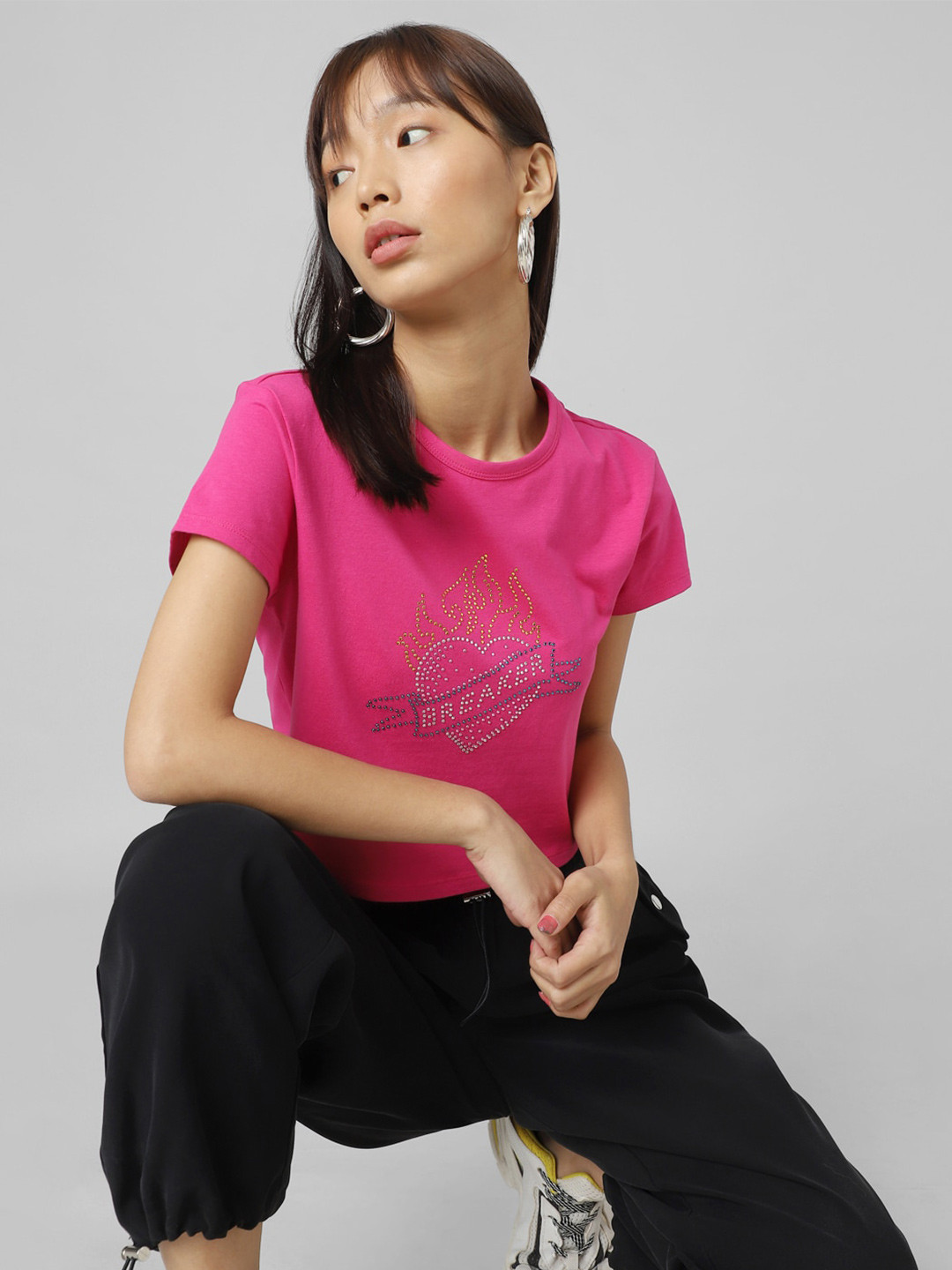 

ONLY Women Printed Cotton T-shirt, Pink
