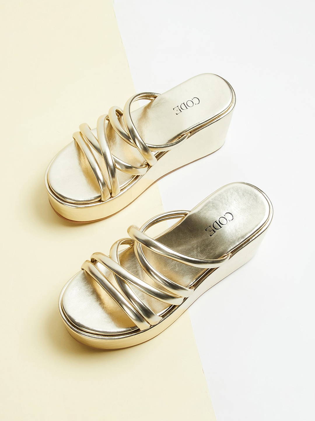 

CODE by Lifestyle Solid Open Toe Wedge Heels, Gold