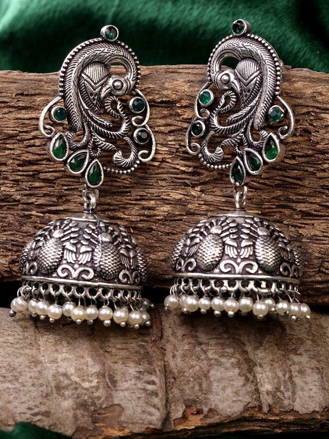 

Saraf RS Jewellery Silver Plated Oxidised Contemporary Jhumkas Earrings