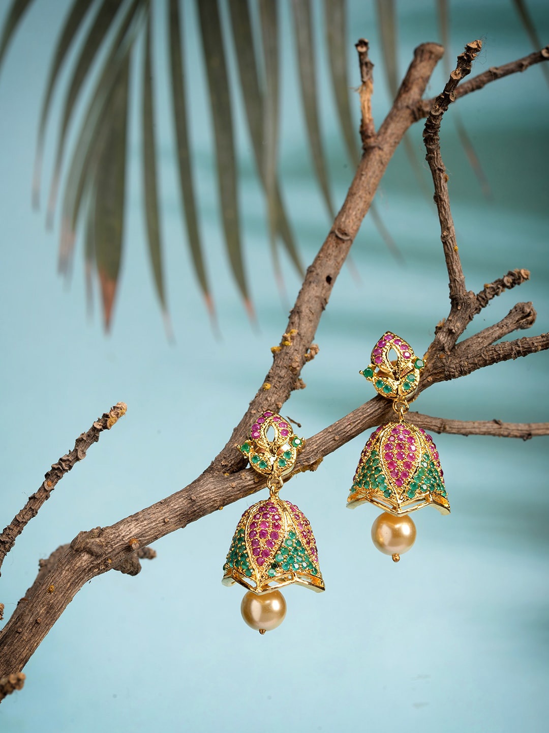 

Saraf RS Jewellery Gold Plated AD Studded Contemporary Jhumka Earrings