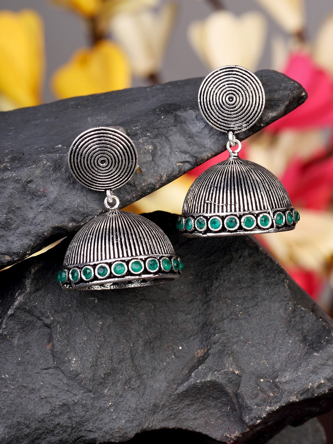 

Saraf RS Jewellery Silver Plated Oxidised Contemporary Jhumkas Earrings