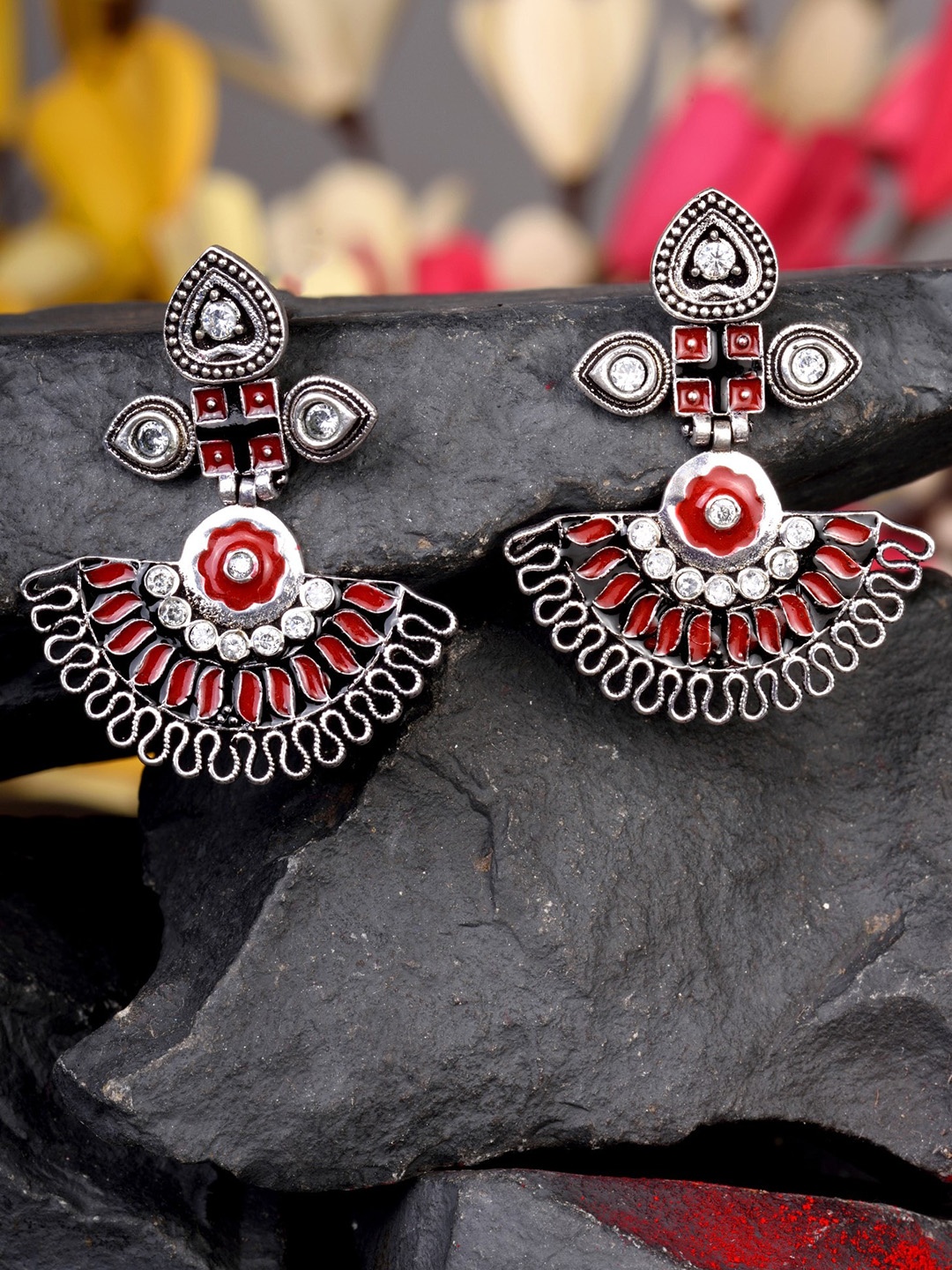 

Saraf RS Jewellery Silver Plated Oxidised Contemporary Drop Earrings, Red