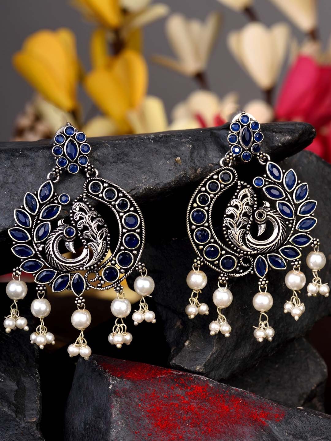 

Saraf RS Jewellery Silver-Plated Oxidised Peacock shaped Drop Earrings, Blue