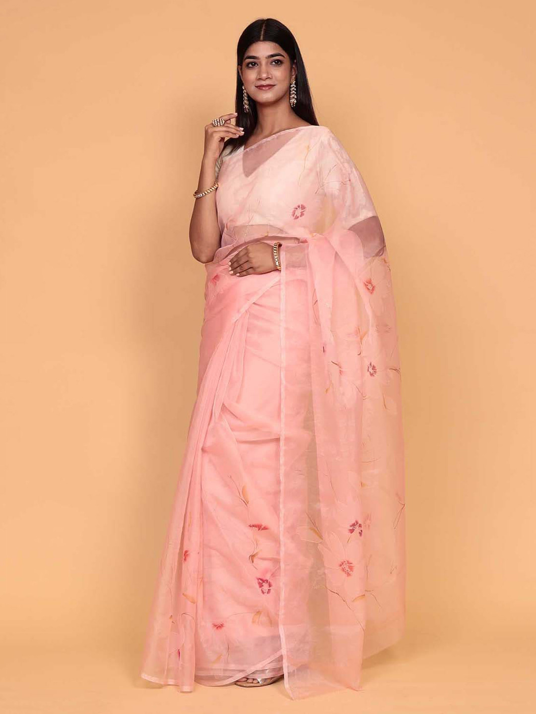 

ZARI Peach-Coloured Floral Embroidered Organza Saree