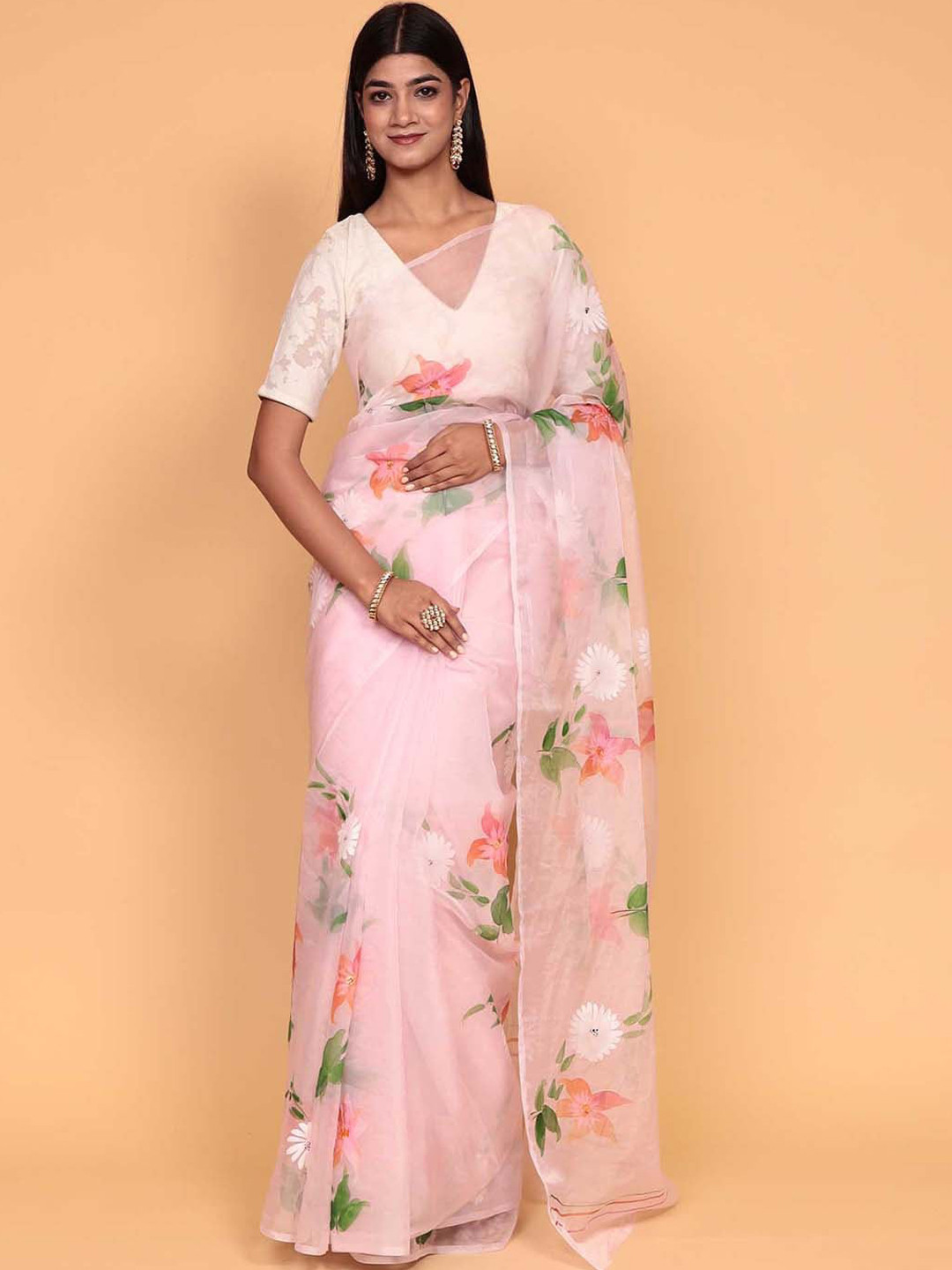 

ZARI Floral Printed Saree, Pink
