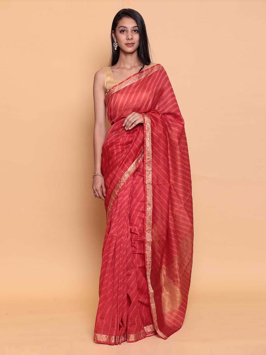 

ZARI Leheriya Printed Zari Saree, Red
