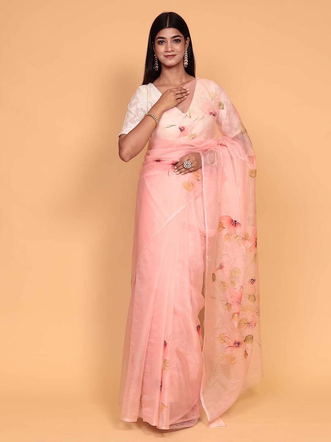 

ZARI Floral Printed Saree, Peach