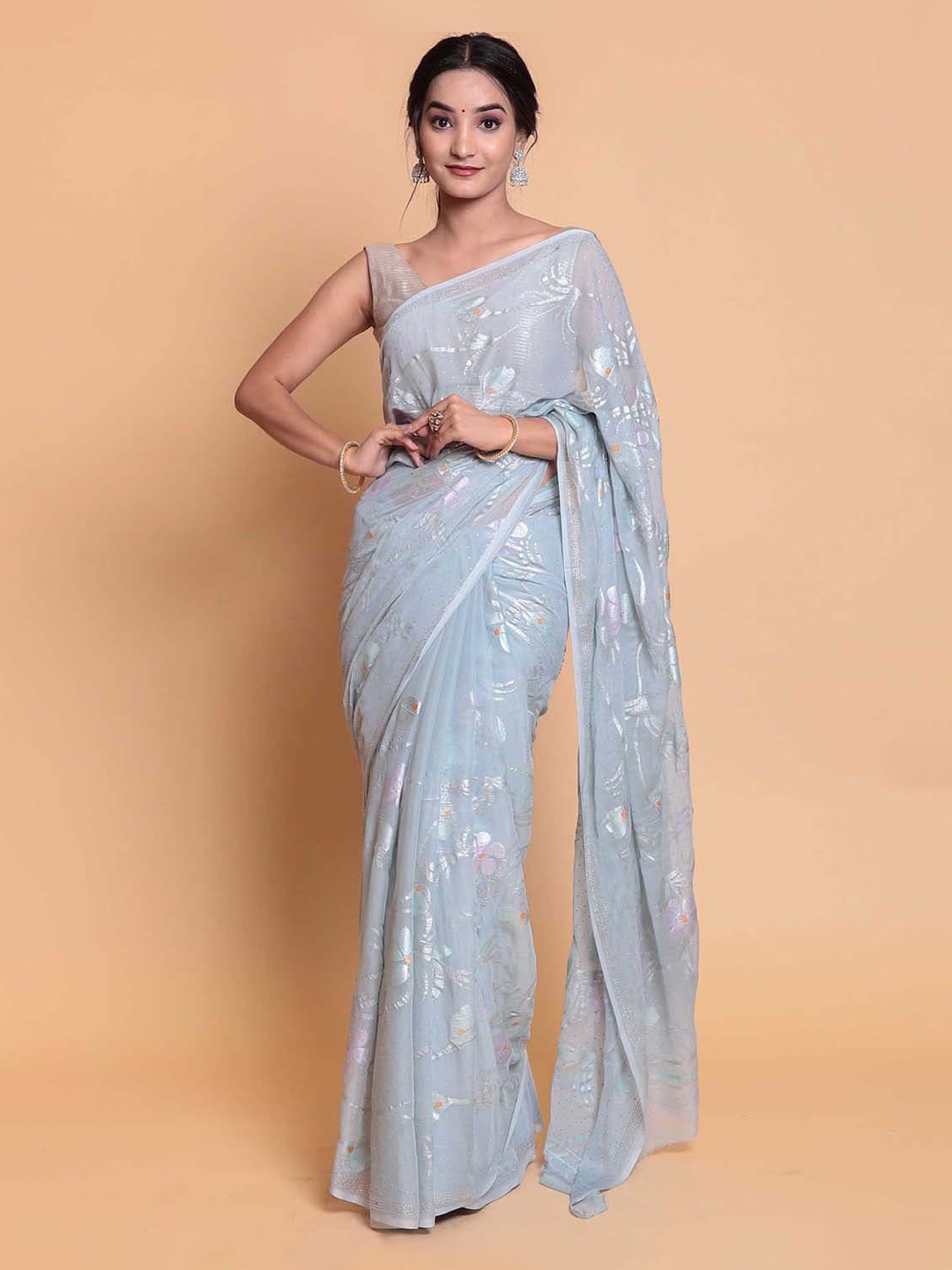 

ZARI Floral Printed Saree, Grey