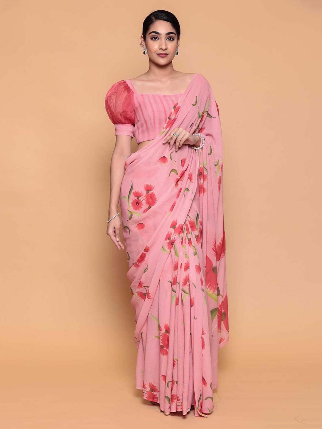 

ZARI Floral Printed Saree, Pink