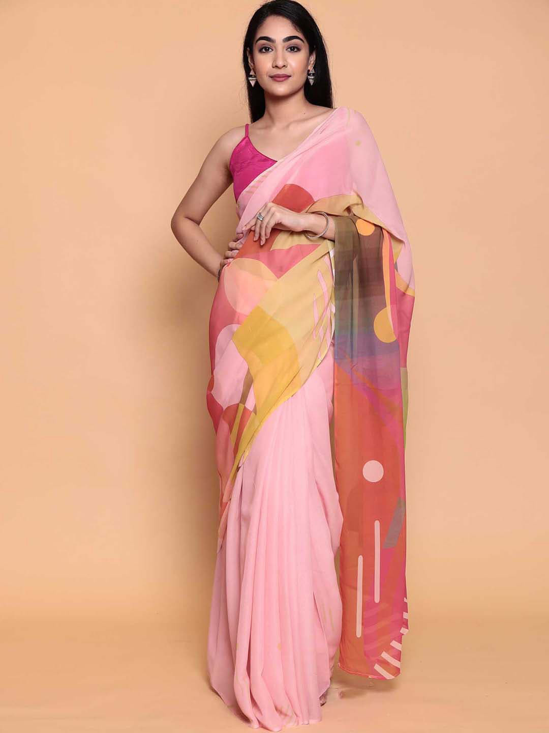 

ZARI Printed Pure Georgette Saree, Pink