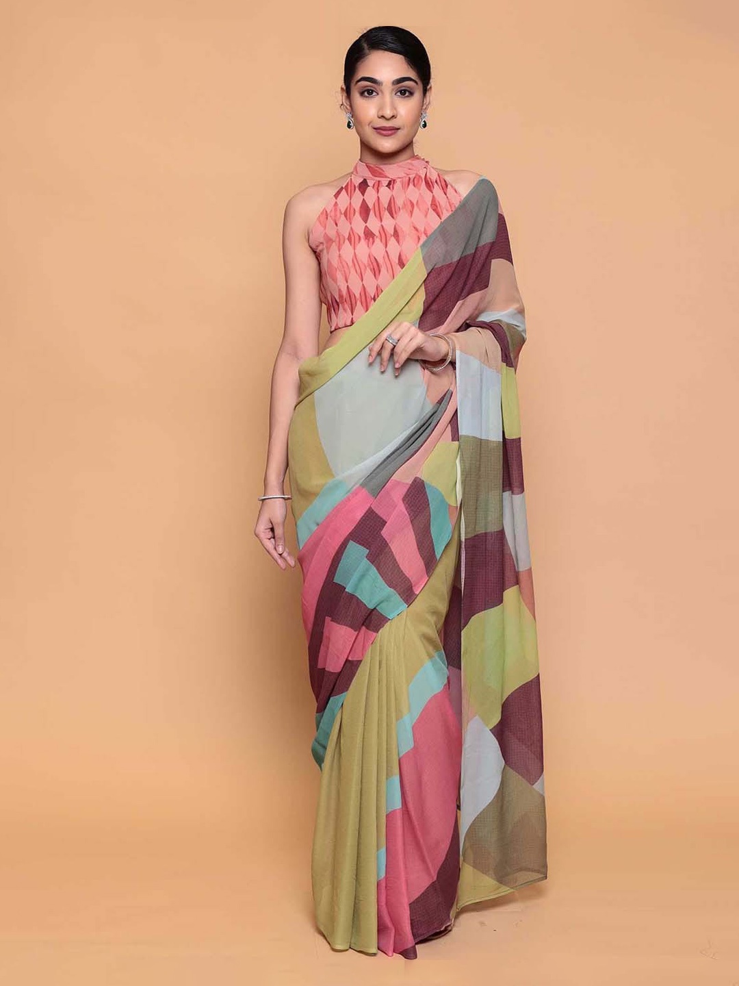 ZARI Abstract Printed Saree, Green
