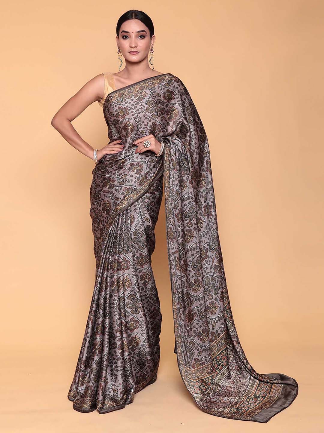 

ZARI Floral Printed Silk Blend Saree, Grey