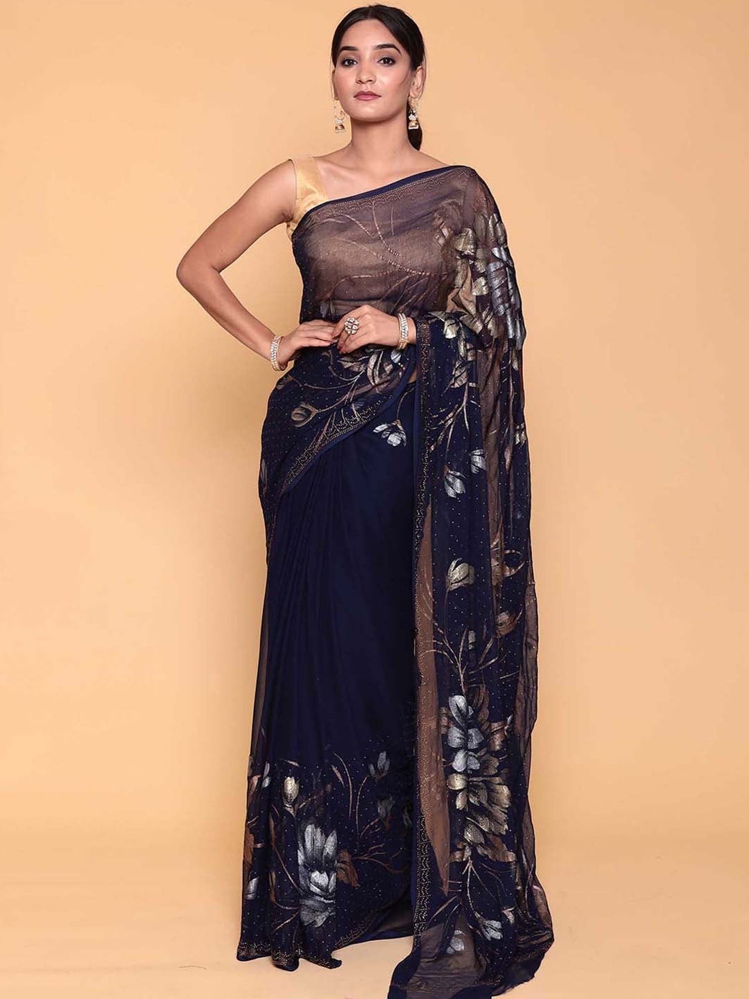 

ZARI Floral Pure Chiffon Saree, Blue