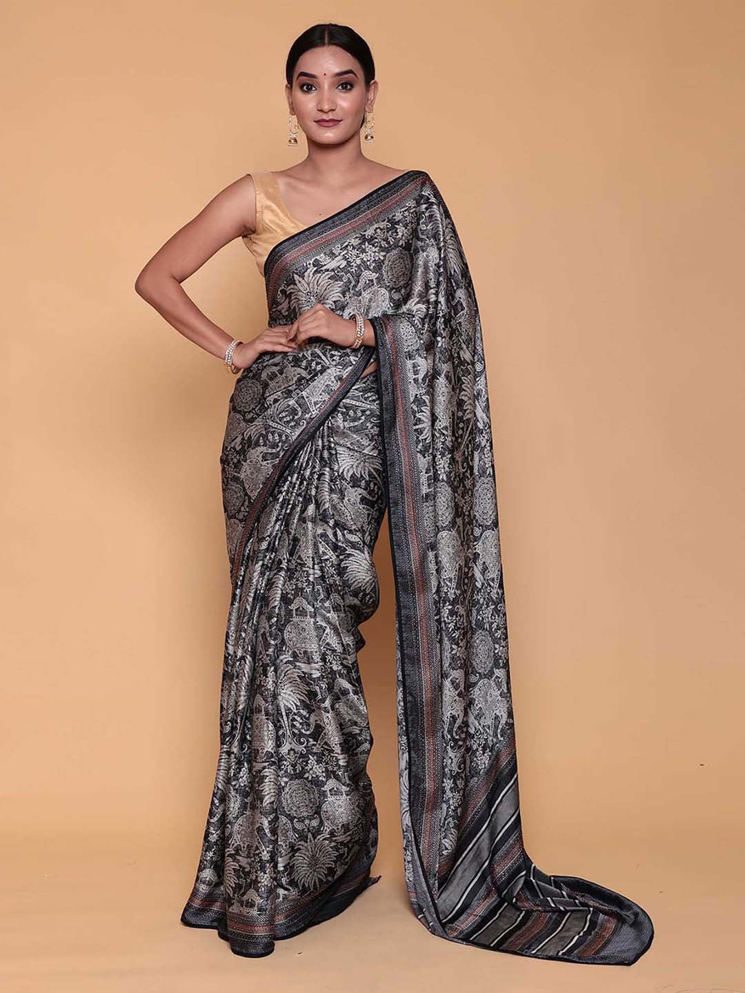 

ZARI Ethnic Motifs Printed Party Saree, Grey