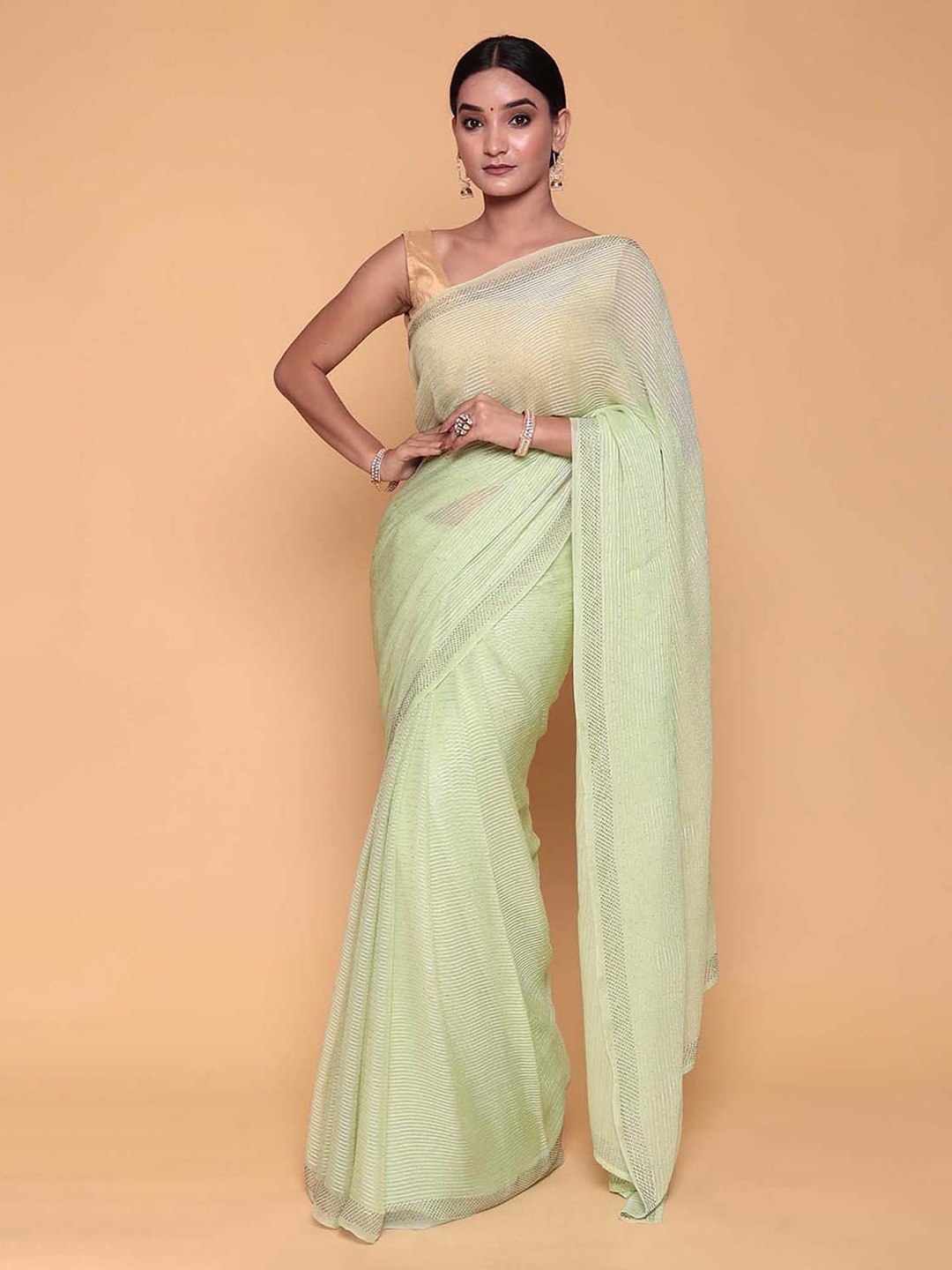 

ZARI Striped Pure Georgette Saree, Lime green