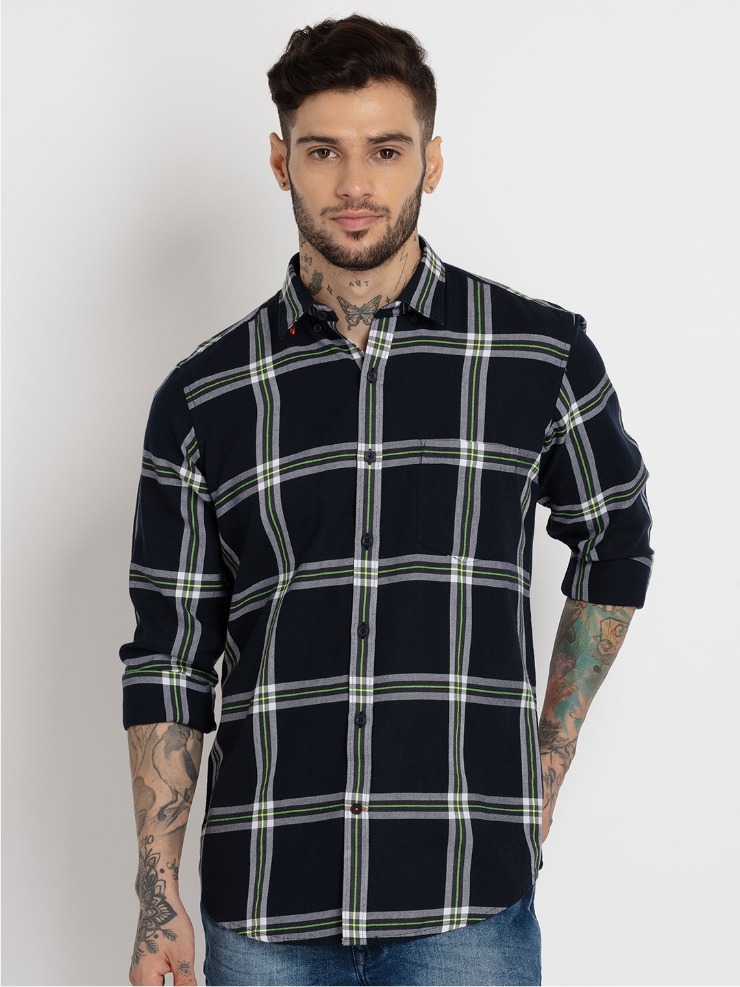 

Status Quo Men Slim Fit Windowpane Checked Casual Cotton Shirt, Navy blue
