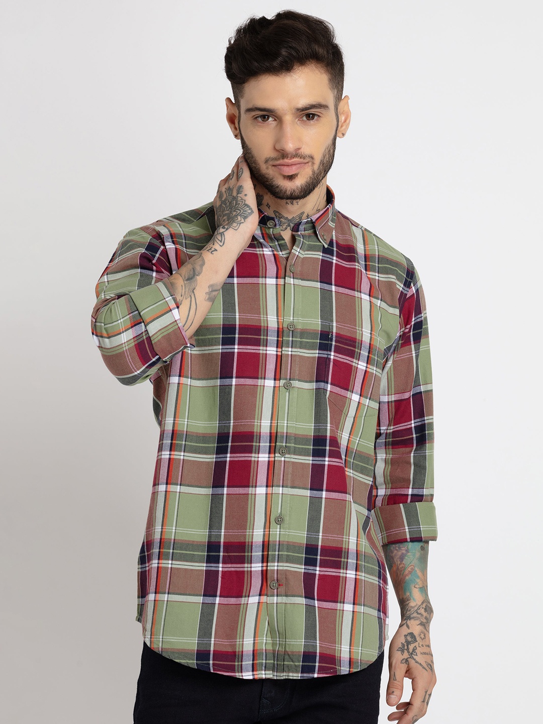 

Status Quo Men Checked Casual Slim Fit Cotton Shirt, Green