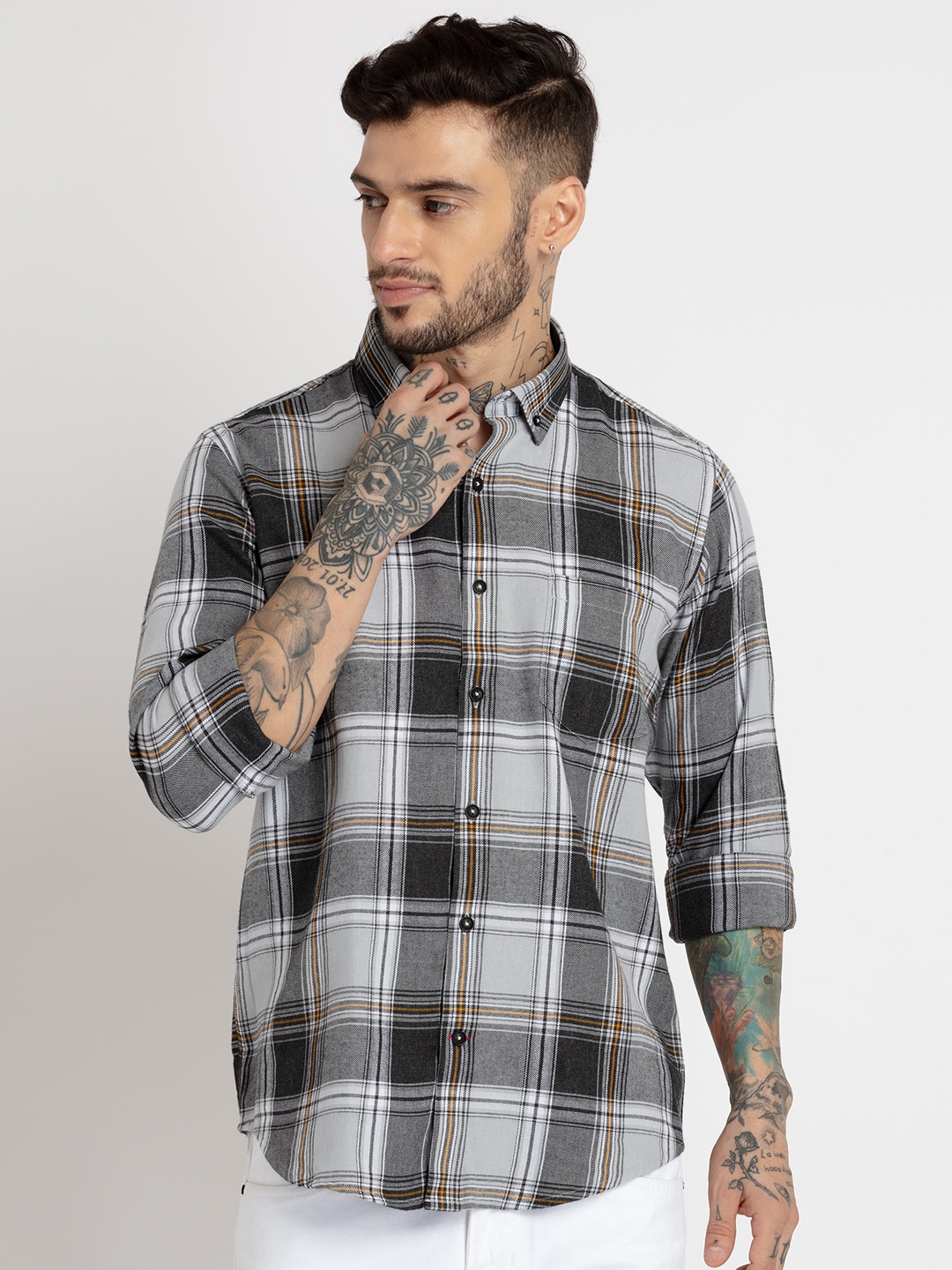 

Status Quo Men Checked Casual Slim Fit Cotton Shirt, Grey