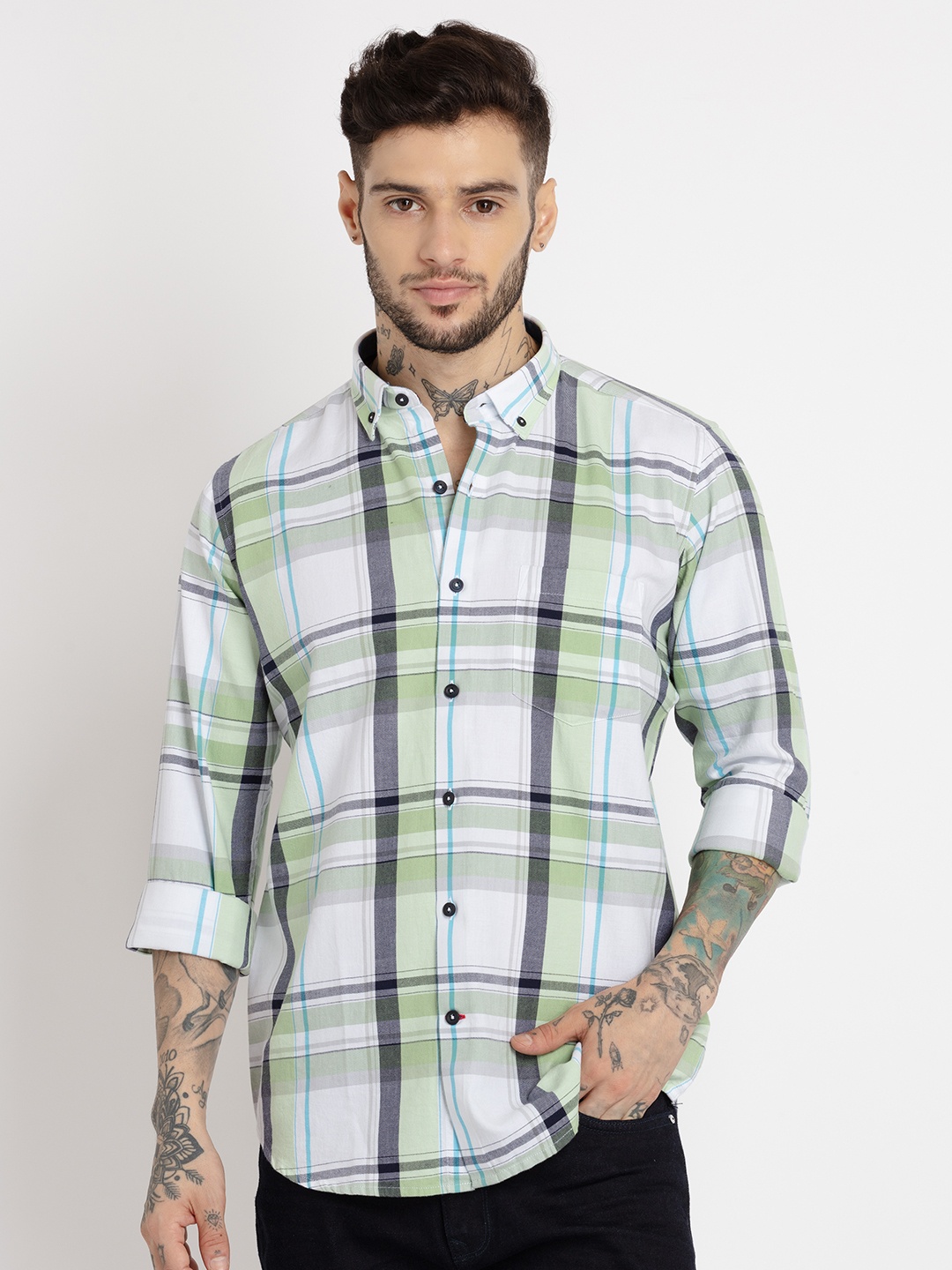 

Status Quo Men Checked Casual Slim Fit Cotton Shirt, Green