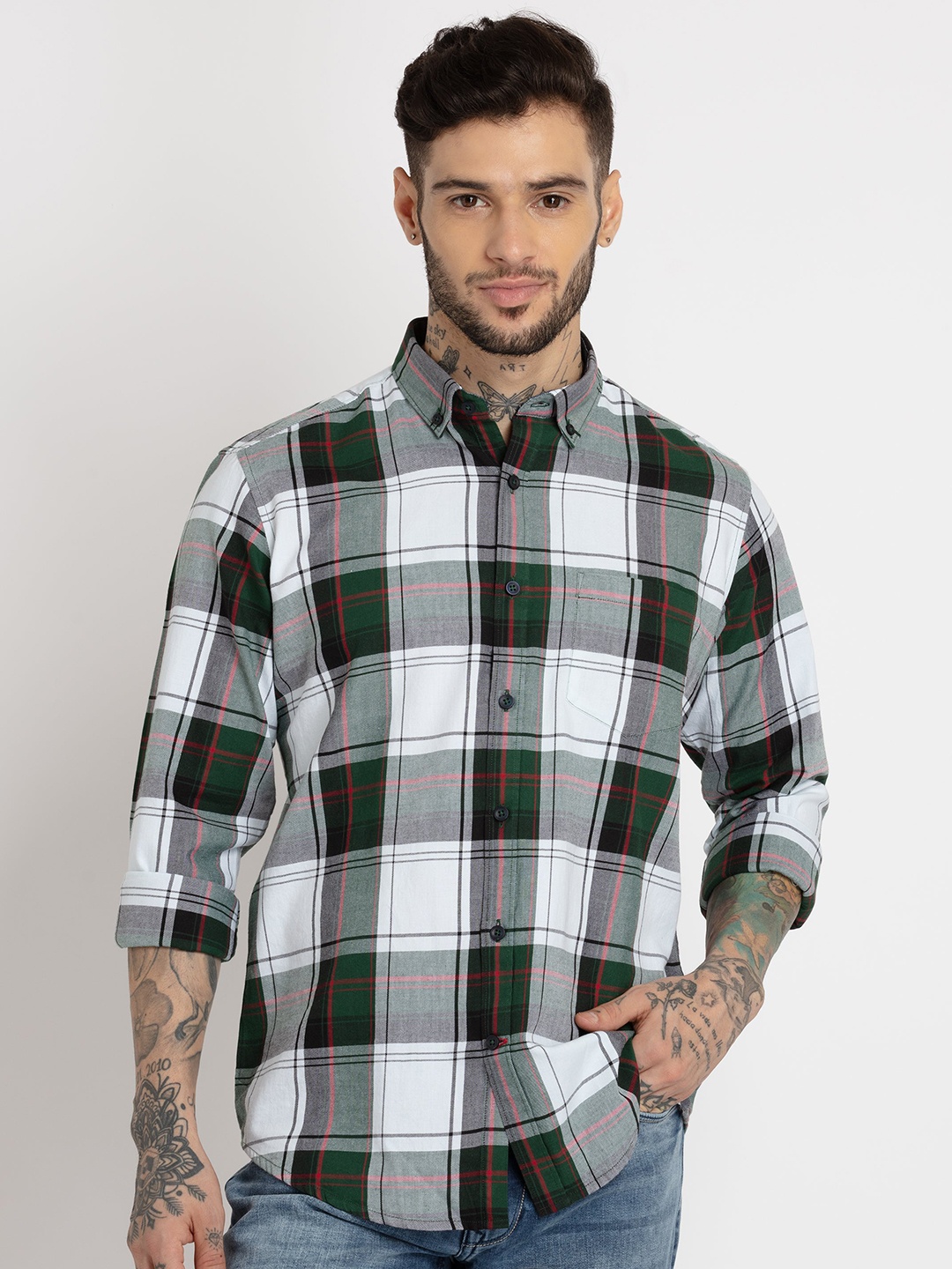 

Status Quo Men Slim Fit Tartan Checked Cotton Casual Shirt, Olive