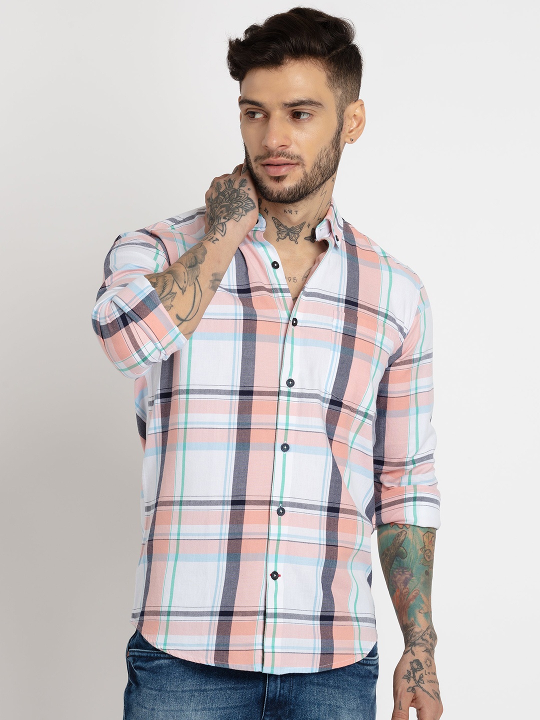 

Status Quo Men Slim Fit Tartan Checked Cotton Casual Shirt, Peach