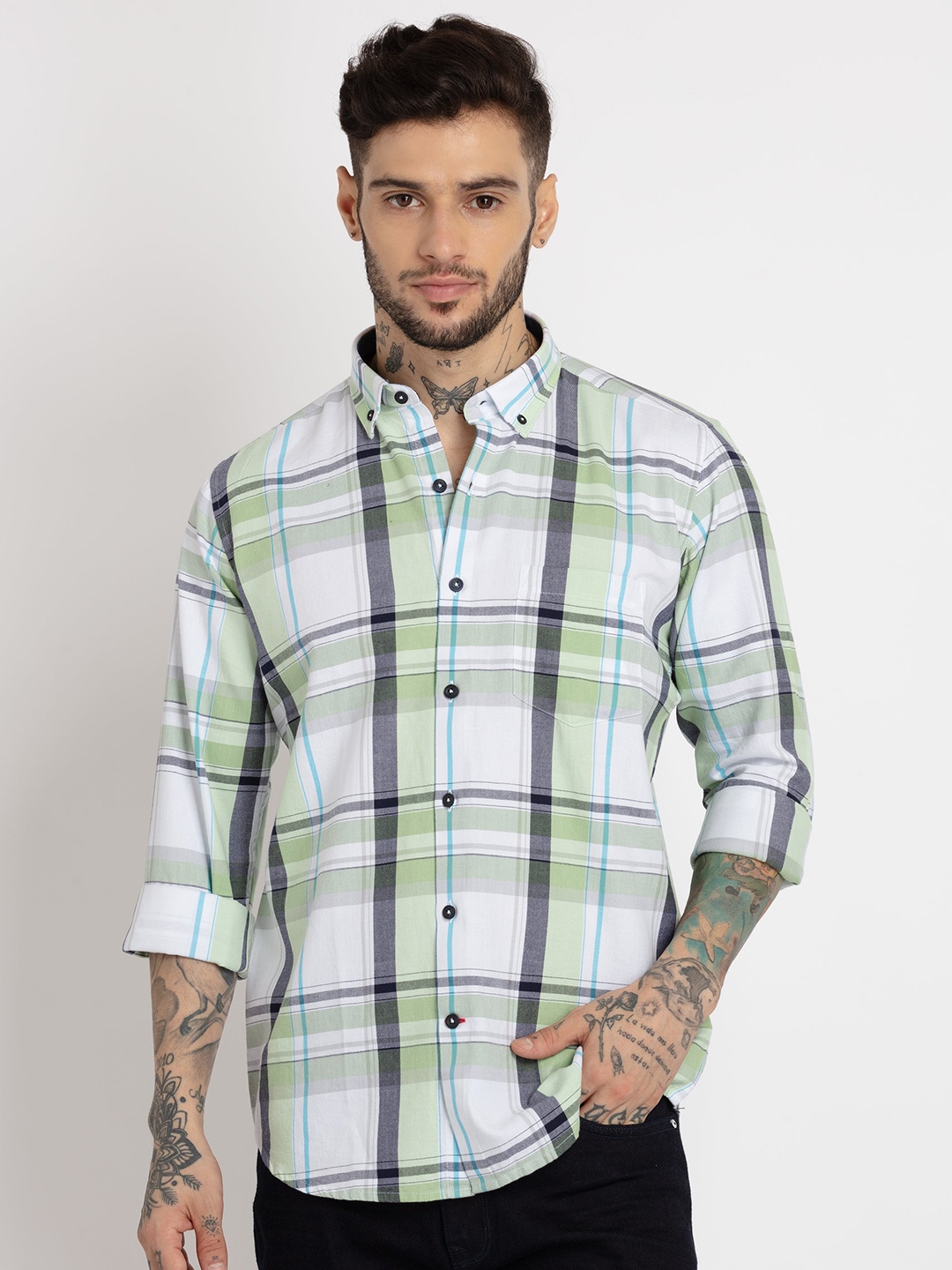 

Status Quo Men Slim Fit Tartan Checked Cotton Casual Shirt, Green