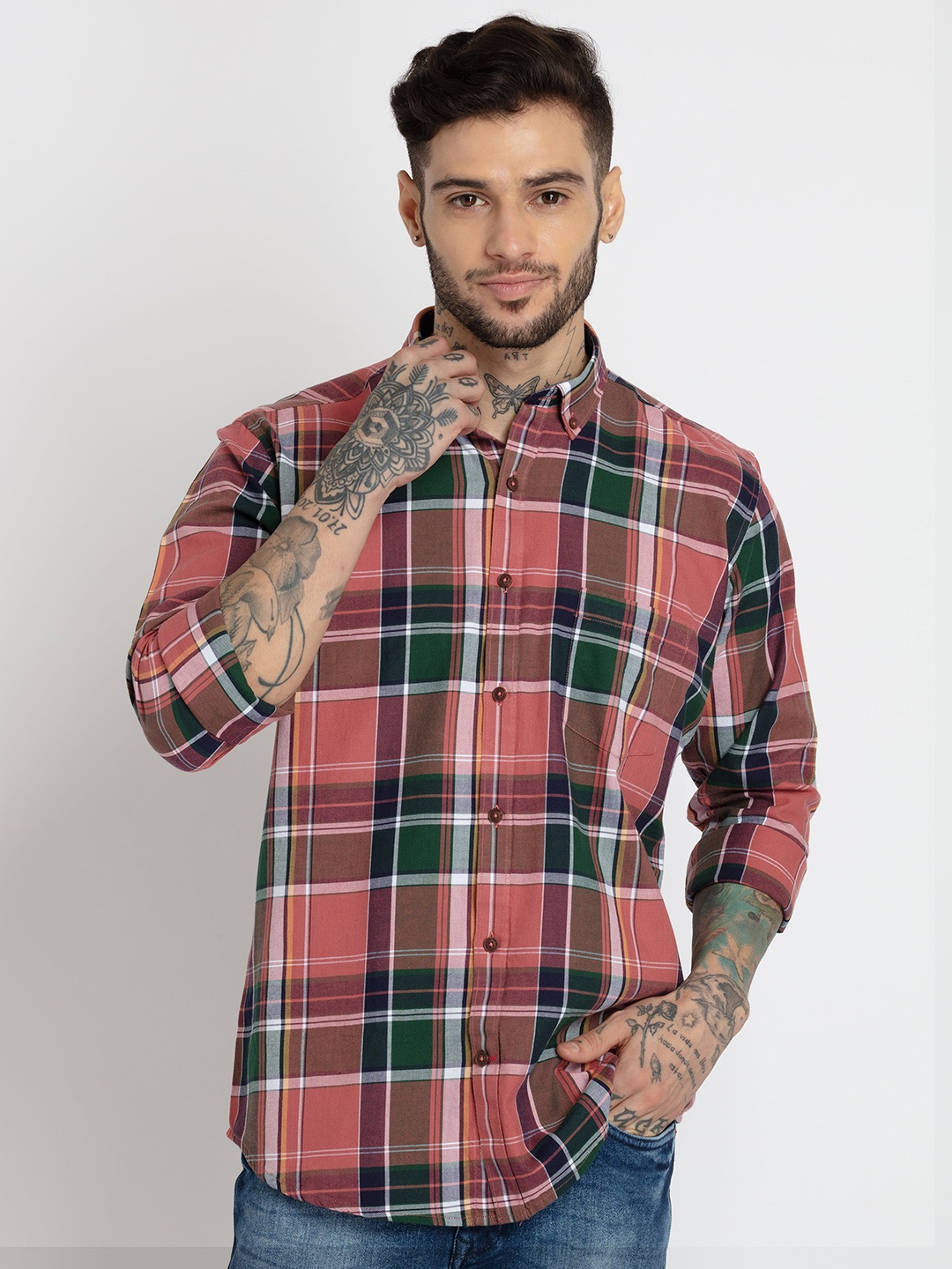 

Status Quo Men Slim Fit Tartan Checked Cotton Casual Shirt, Orange