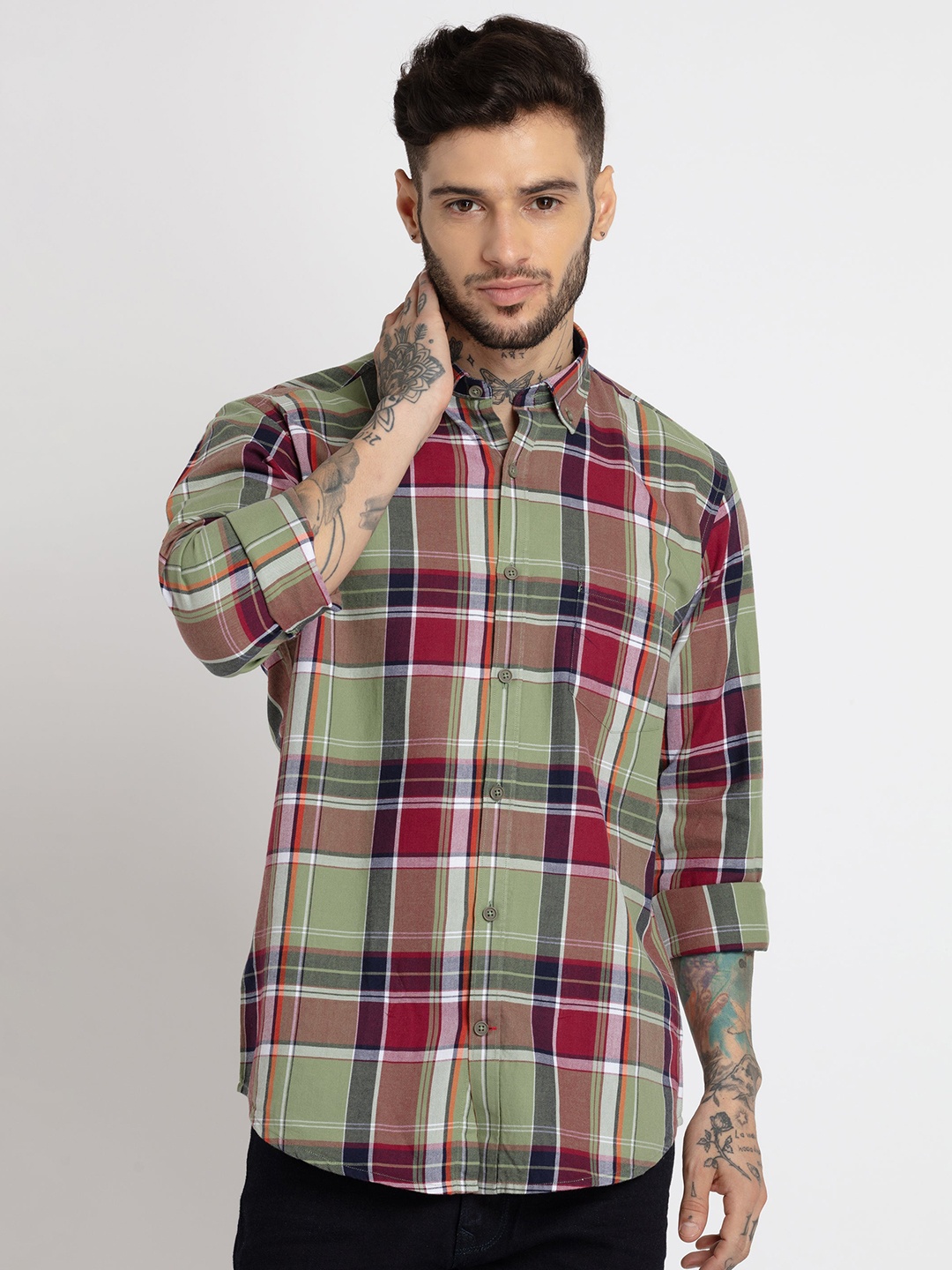 

Status Quo Men Slim Fit Tartan Checked Cotton Casual Shirt, Green