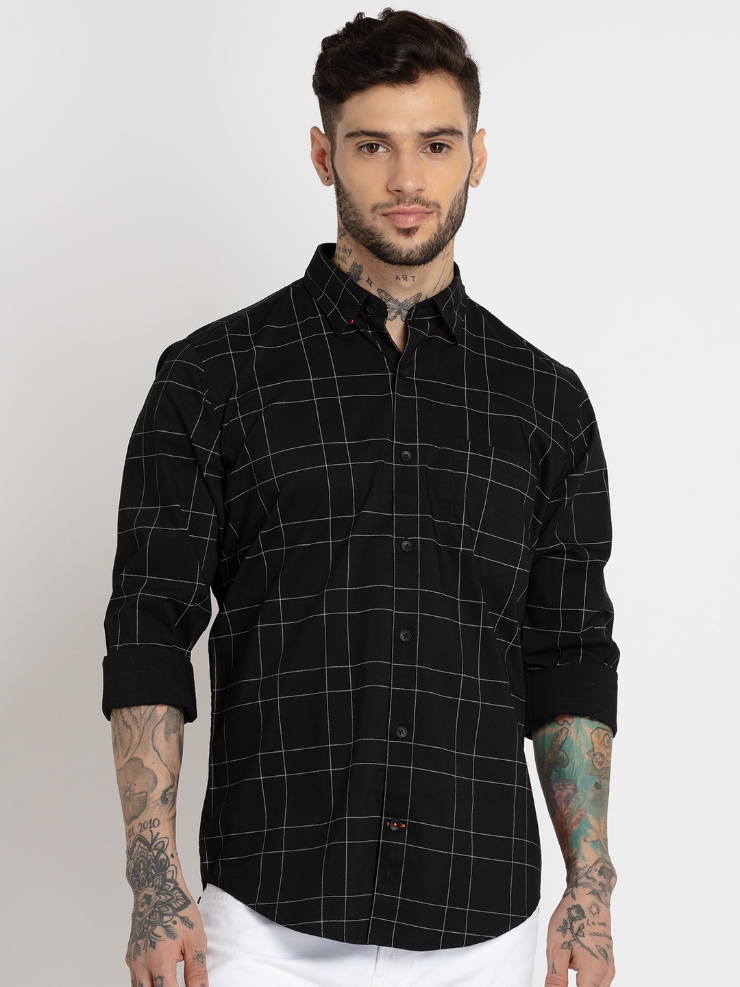 

Status Quo Men Slim Fit Windowpane Checked Cotton Casual Shirt, Black