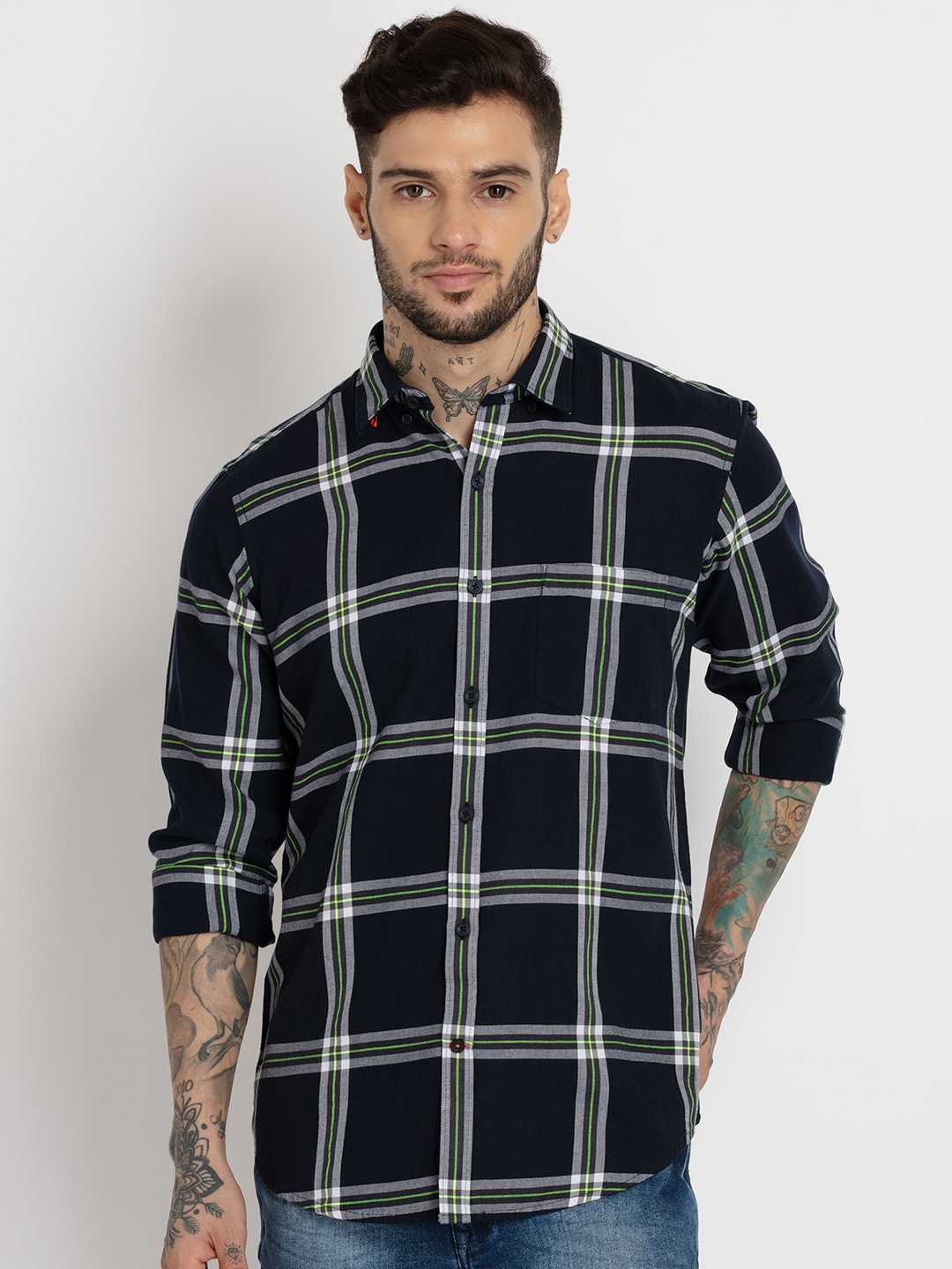 

Status Quo Men Slim Fit Tartan Checked Cotton Casual Shirt, Navy blue