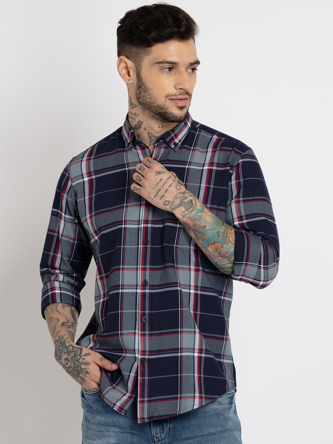 

Status Quo Men Slim Fit Tartan Checked Cotton Casual Shirt, Navy blue