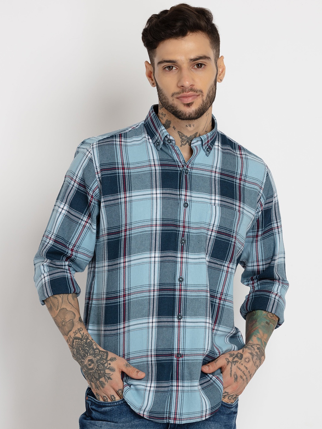 

Status Quo Men Slim Fit Tartan Checked Cotton Casual Shirt, Blue