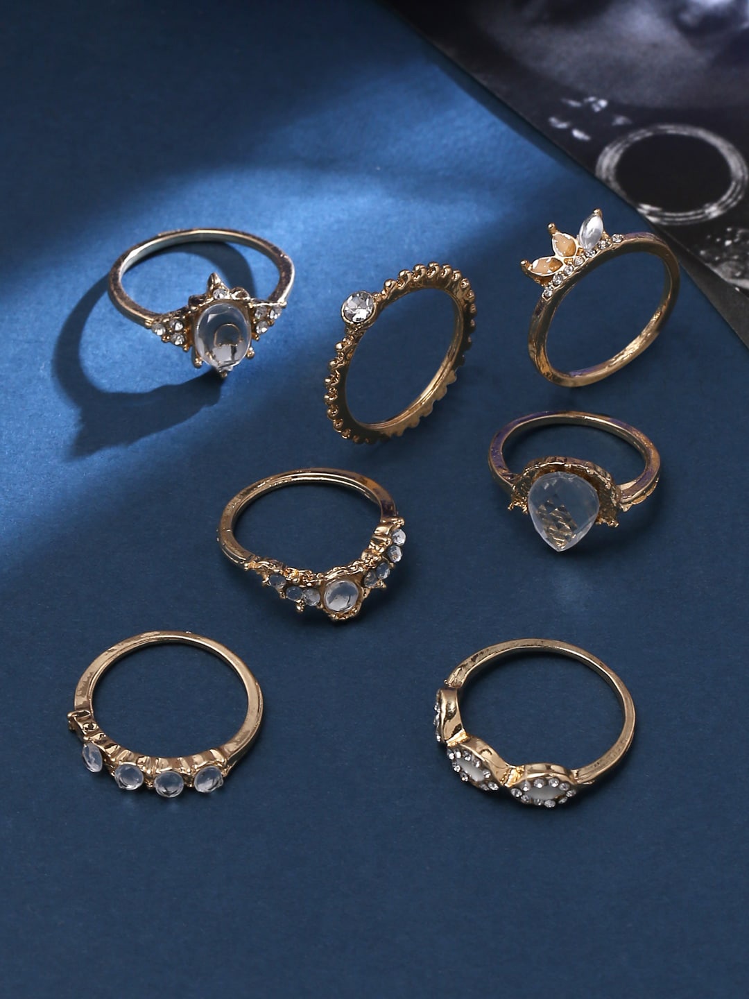 

VIRAASI Set Of 7 Gold-Plated Stone Studded Contemporary Stackable Finger Rings