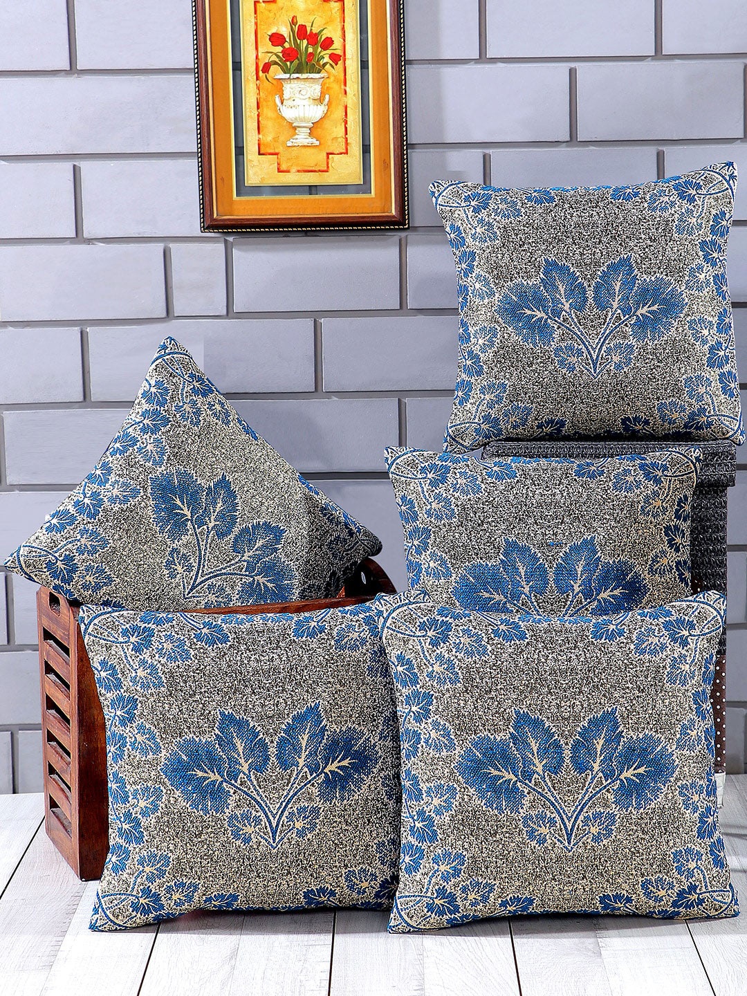 

Nendle Turquoise Blue & Grey Set of 5 Floral Square Cushion Covers