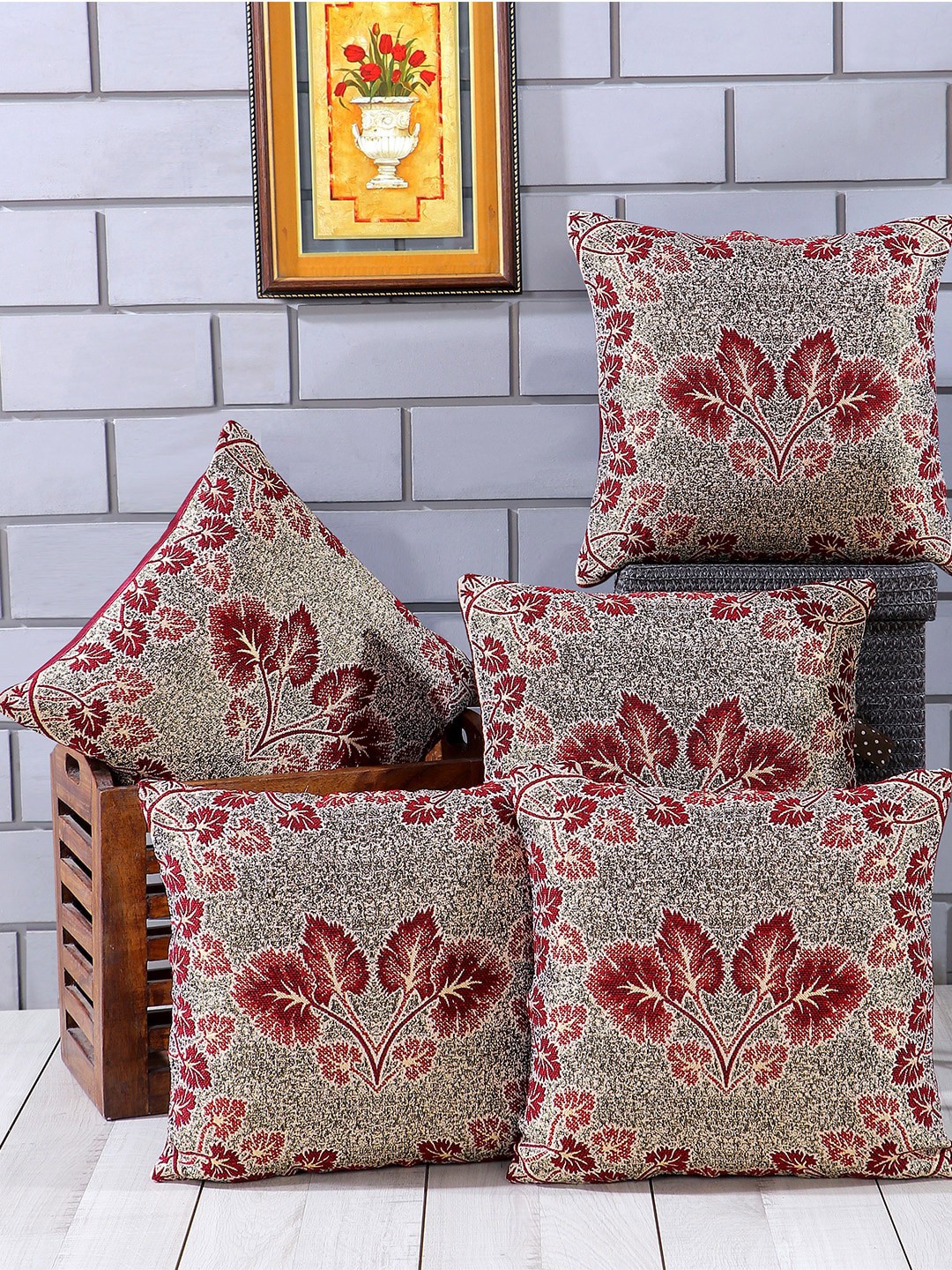 

Nendle Maroon & Gold-Toned Set of 5 Floral Square Cushion Covers