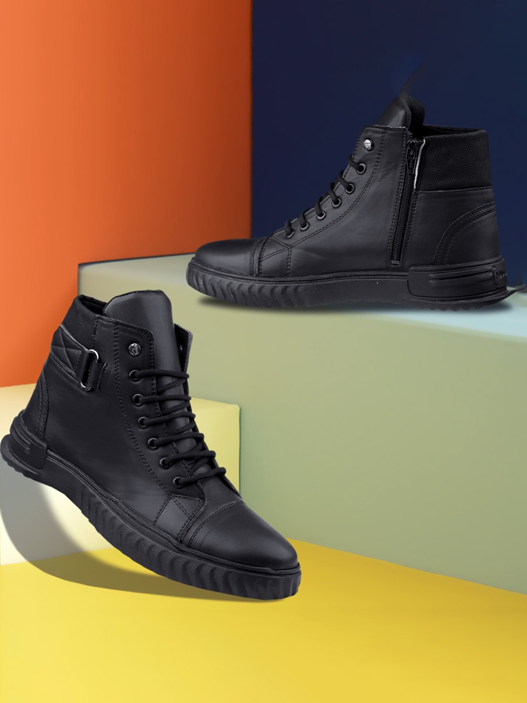 

Woakers Men Lace-Ups Mid-Top Casual Leather Sneakers, Black